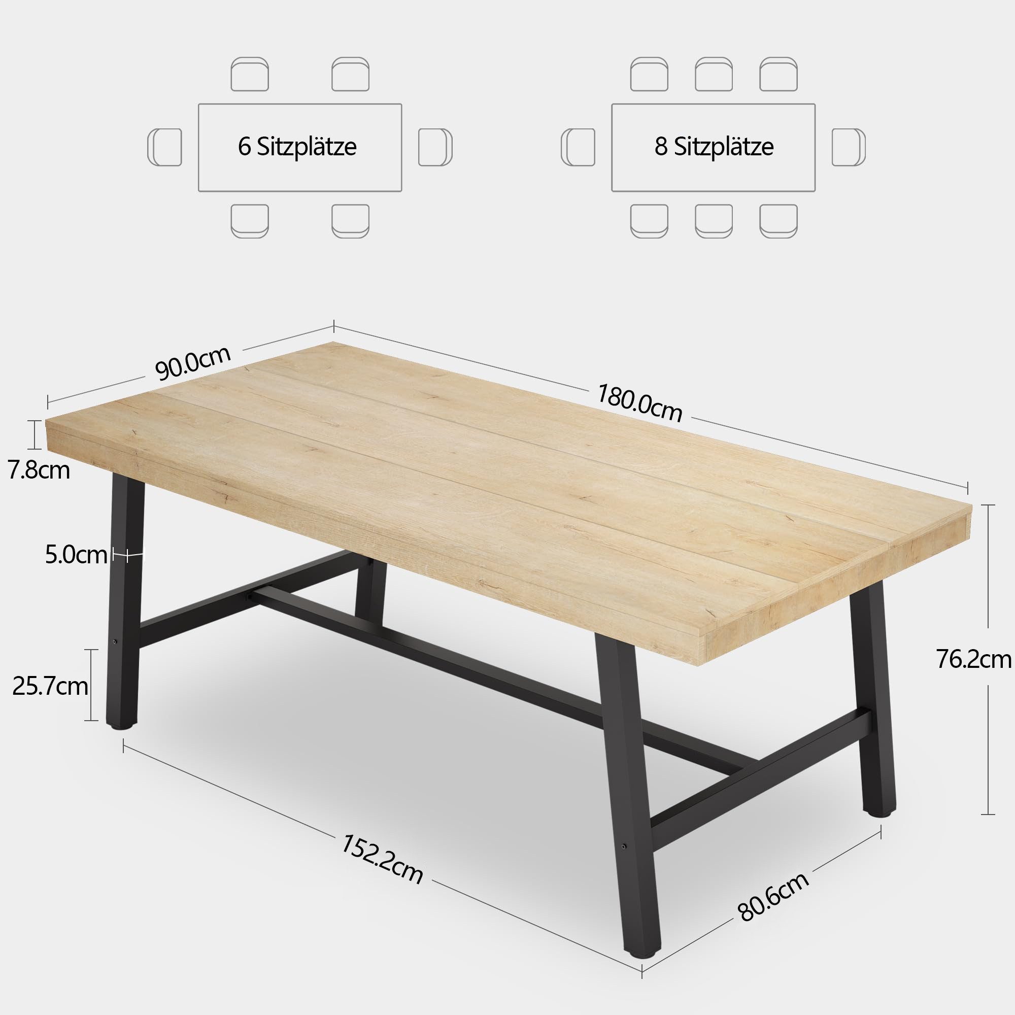 GarveeMore Esstisch 180 cm Großer rechteckiger Esstisch MDF-Tischplatte Holzoptik (1Tisch), Metallgestell Robust Multifunktionaler Esstisch für 6 bis 8 Personen