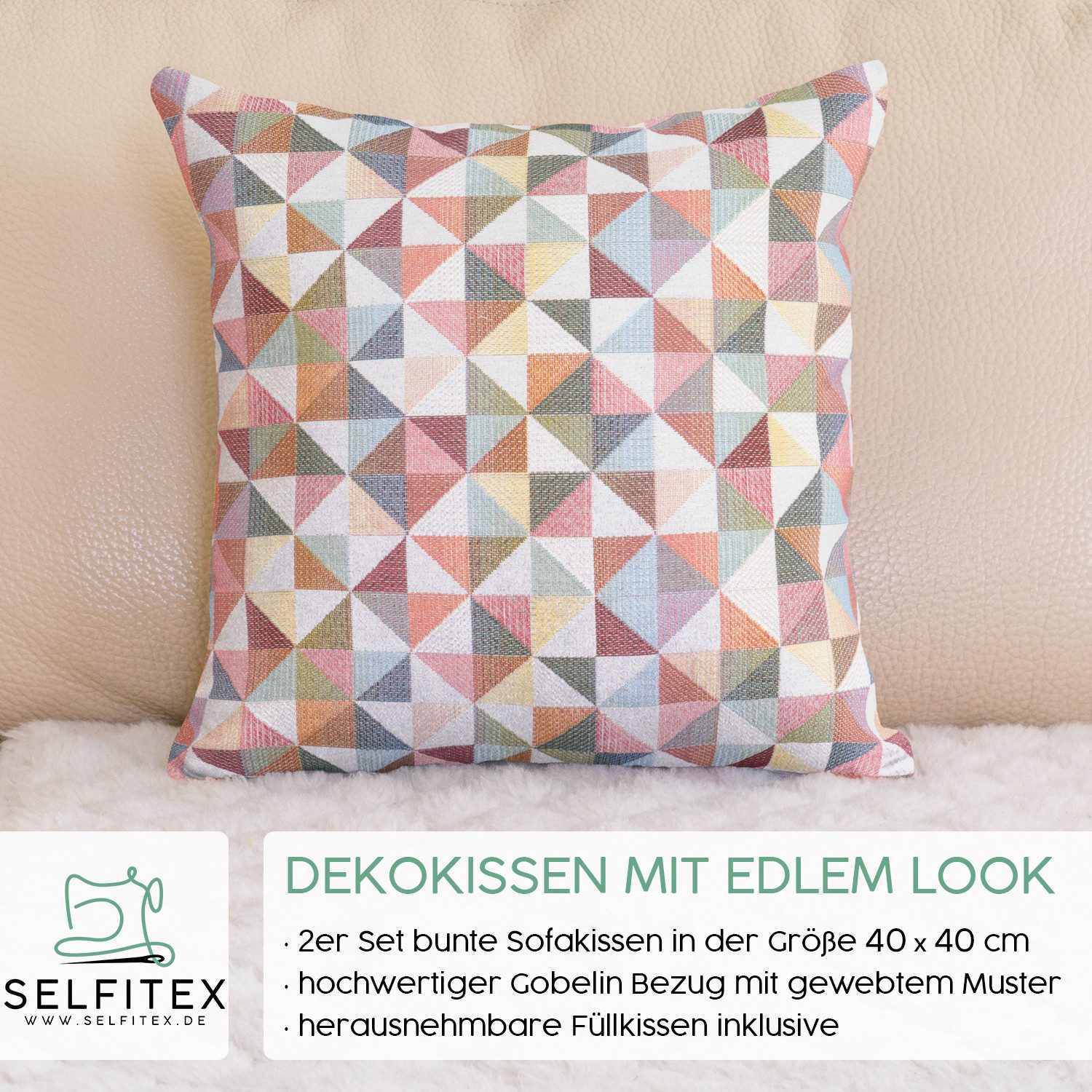 Selfitex Dekokissen mit buntem Muster im 2er Set, 30x50/40x40/50x50 inkl. Füllkissen, hochwertig gewebter Gobelin Kissenbezug mit weichem Füllkissen