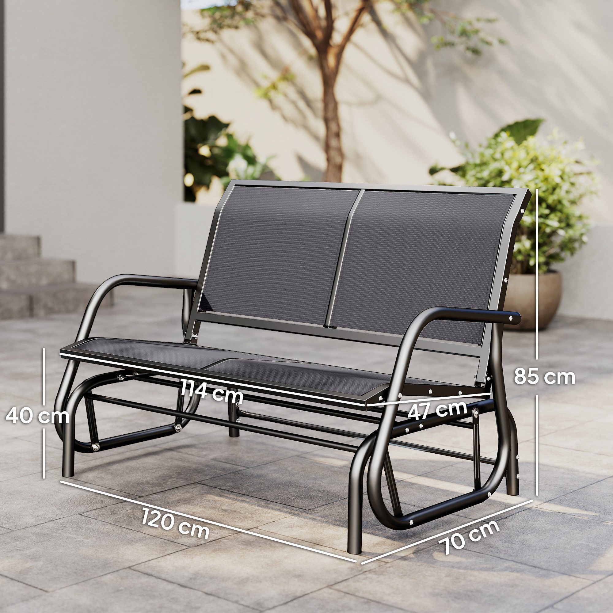 Outsunny Gartenbank Sitzbank aus Metall Parkbank bis 200 kg belastbar (Gartenschaukel, 1-St., 2-Sitzer Schaukelstuhl), für Garten, Terrasse, Veranda 120 x 70 x 85 cm Grau