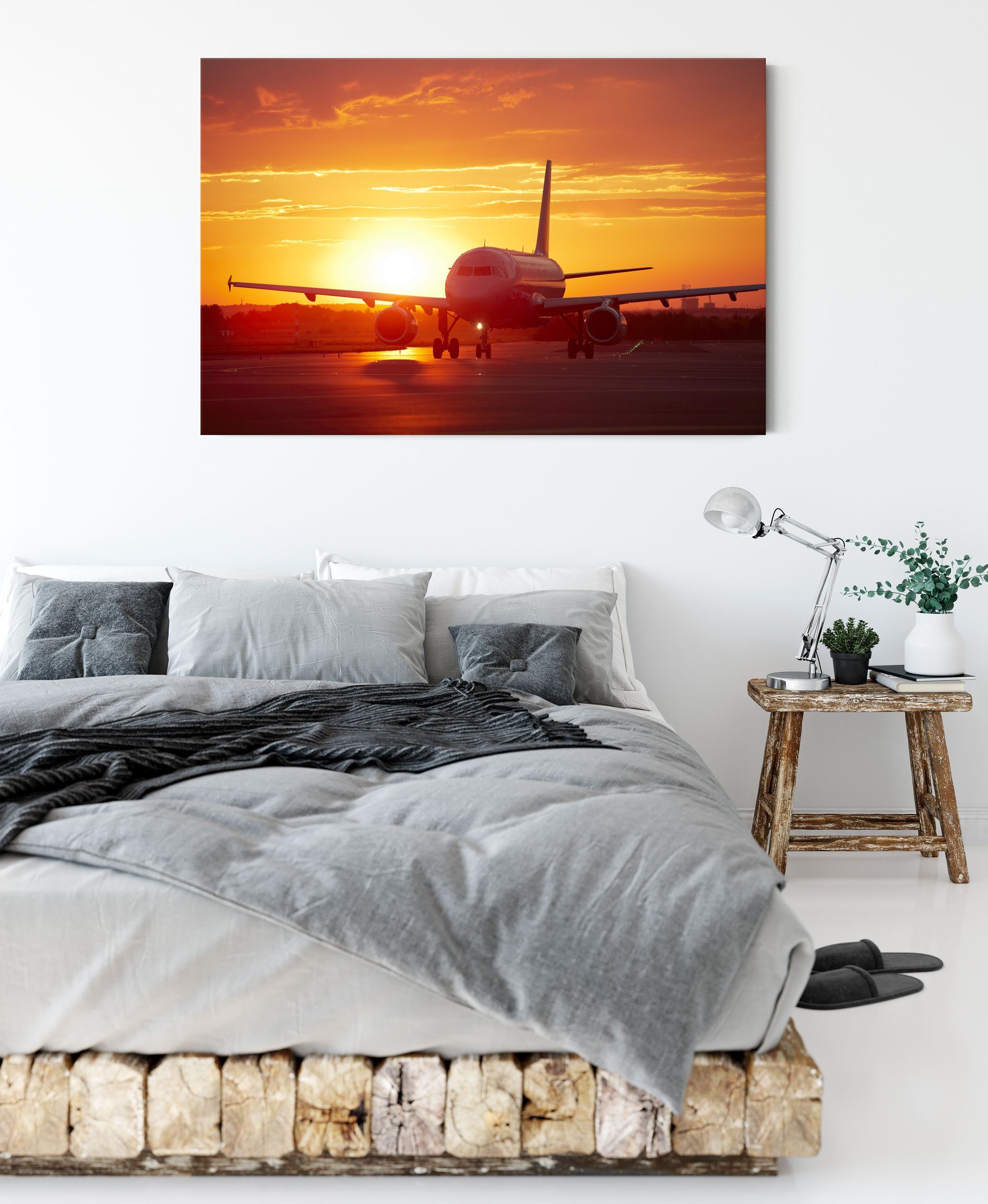 Pixxprint Leinwandbild Flugzeug Sonnenuntergang (1 inkl. Leinwandbild bespannt, fertig im Flugzeug Zackenaufhänger im St), Sonnenuntergang