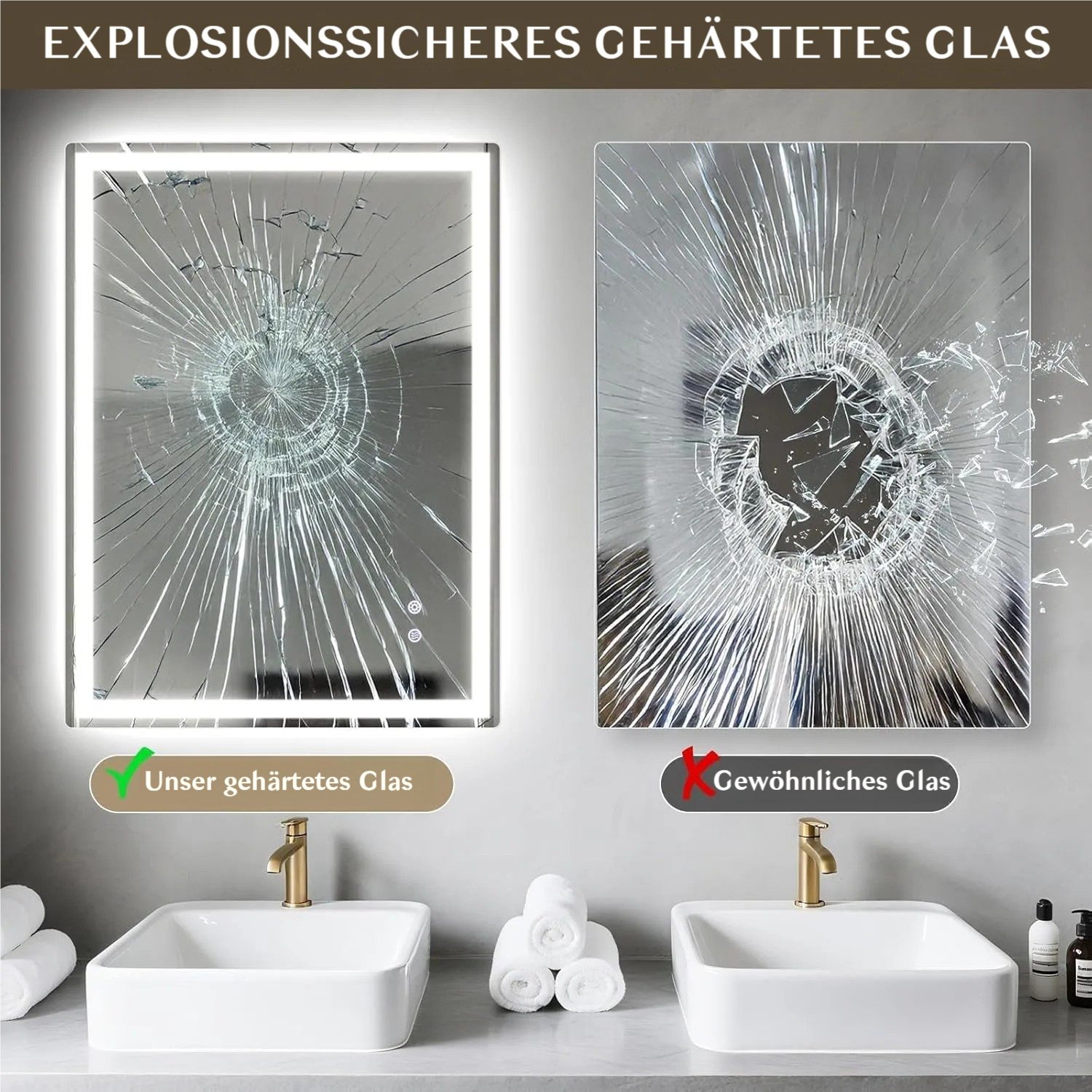 TLGREEN Badspiegel mit Beleuchtung,LED Spiegel mit 3 Lichtfarben und dimmbar, (Touch-Schalter und Beschlagfrei, gehärtetes Glas)