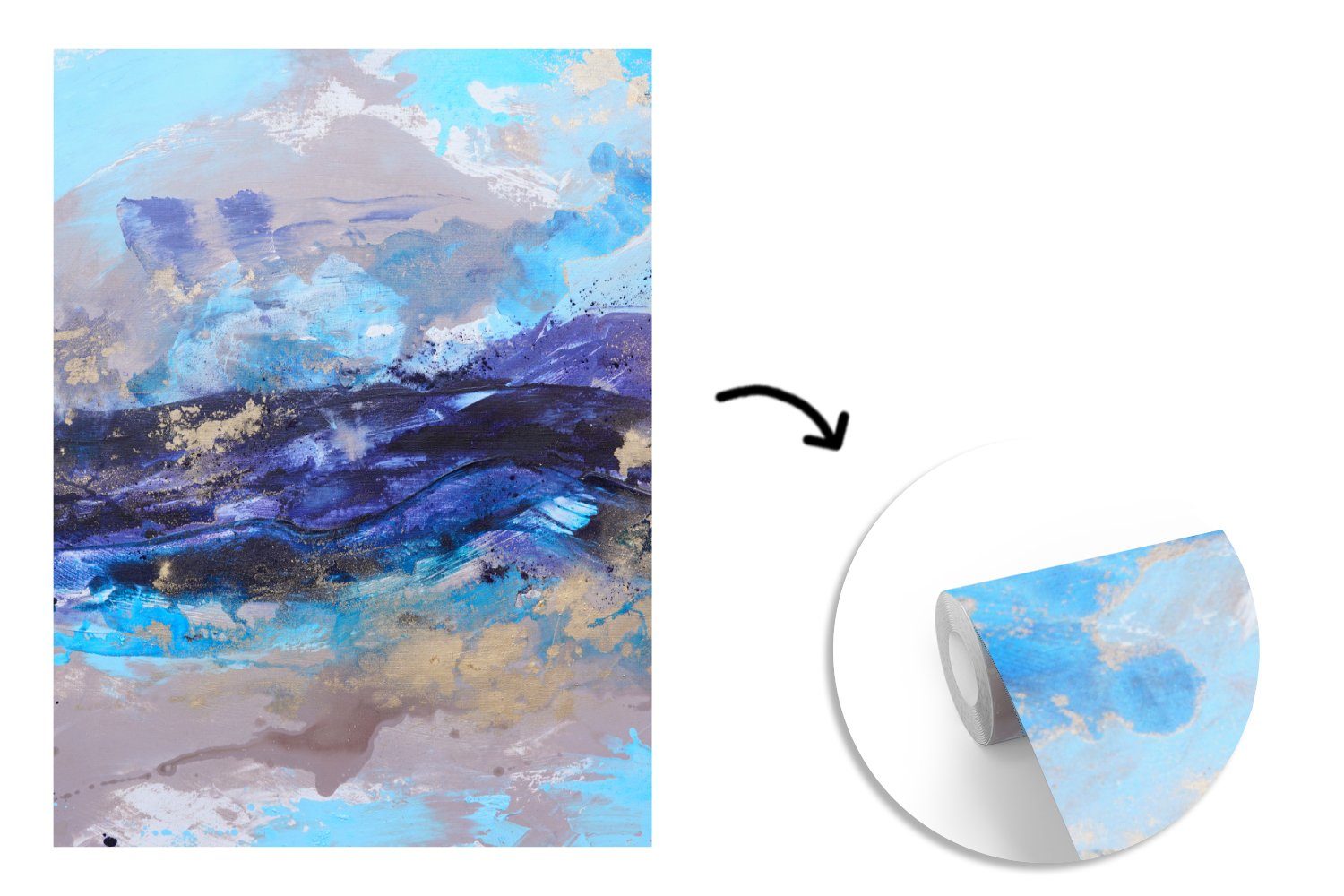 Montagefertig Abstrakt MuchoWow - Fototapete Farbe, (4 Blau - Tapete bedruckt, Grau St), Matt, Wandtapete Wohnzimmer, - Vinyl für
