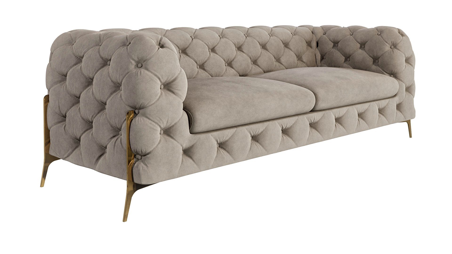 Metall Füßen, Dunkle Möbel 3-Sitzer Goldene Creme Ashley Chesterfield mit S-Style mit Sofa Wellenfederung