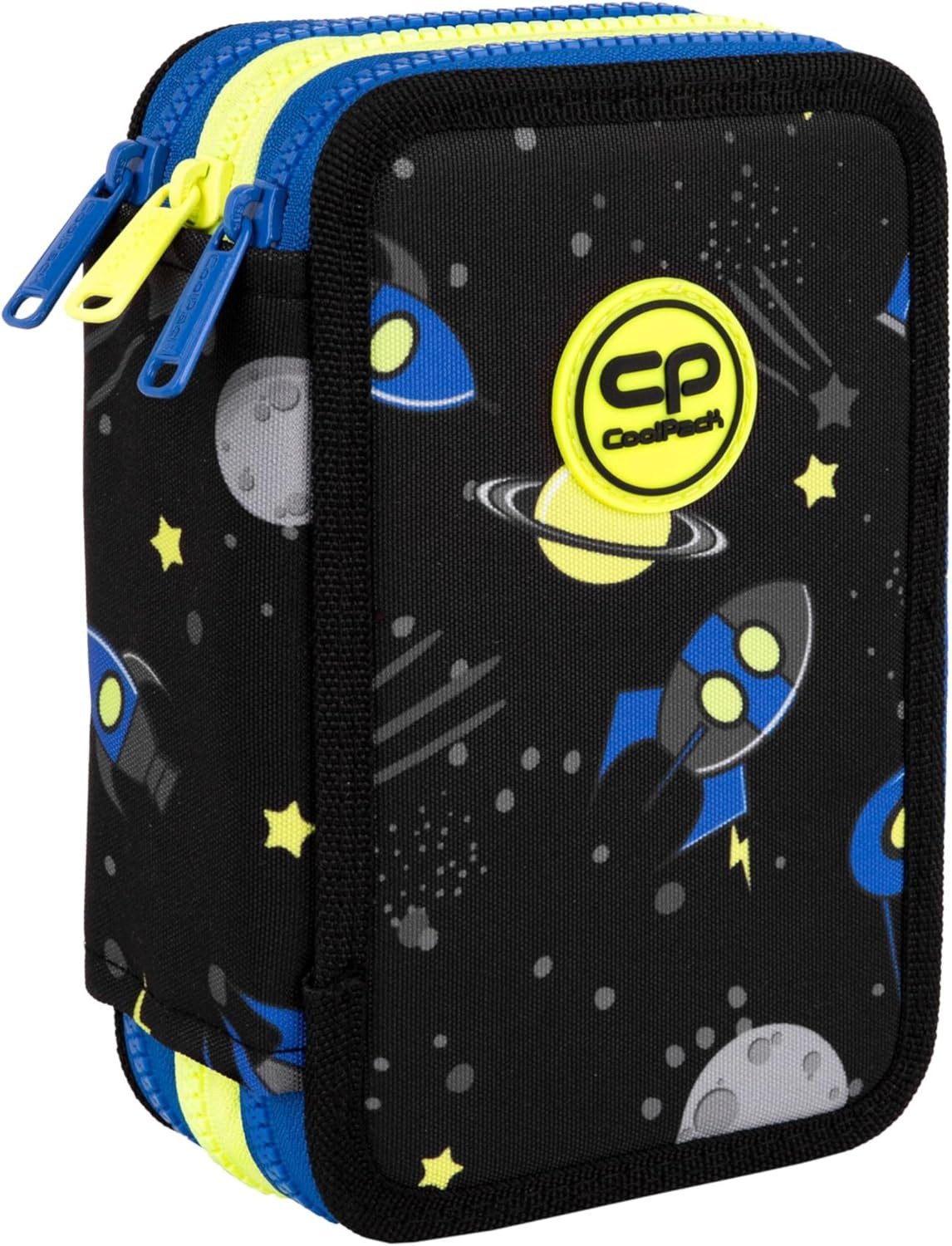 GOLDKIDS Federmäppchen 3 Fächer - Mäppchen für Mädchen und Jungen -, (Federmappe 3-Fach Federtasche, 1-tlg., Gefüllte Schüleretui 46-teilig), Schulmäppchen und Hausaufgabenheft - Raketen/Weltraum Motiv