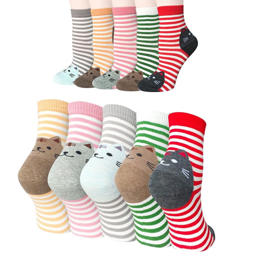 Alster Herz Freizeitsocken 5x lustige Socken, Katzenmotiv, bunt, trendy, süßes Design, A0549 (5-Paar) gestreift, besonders weich