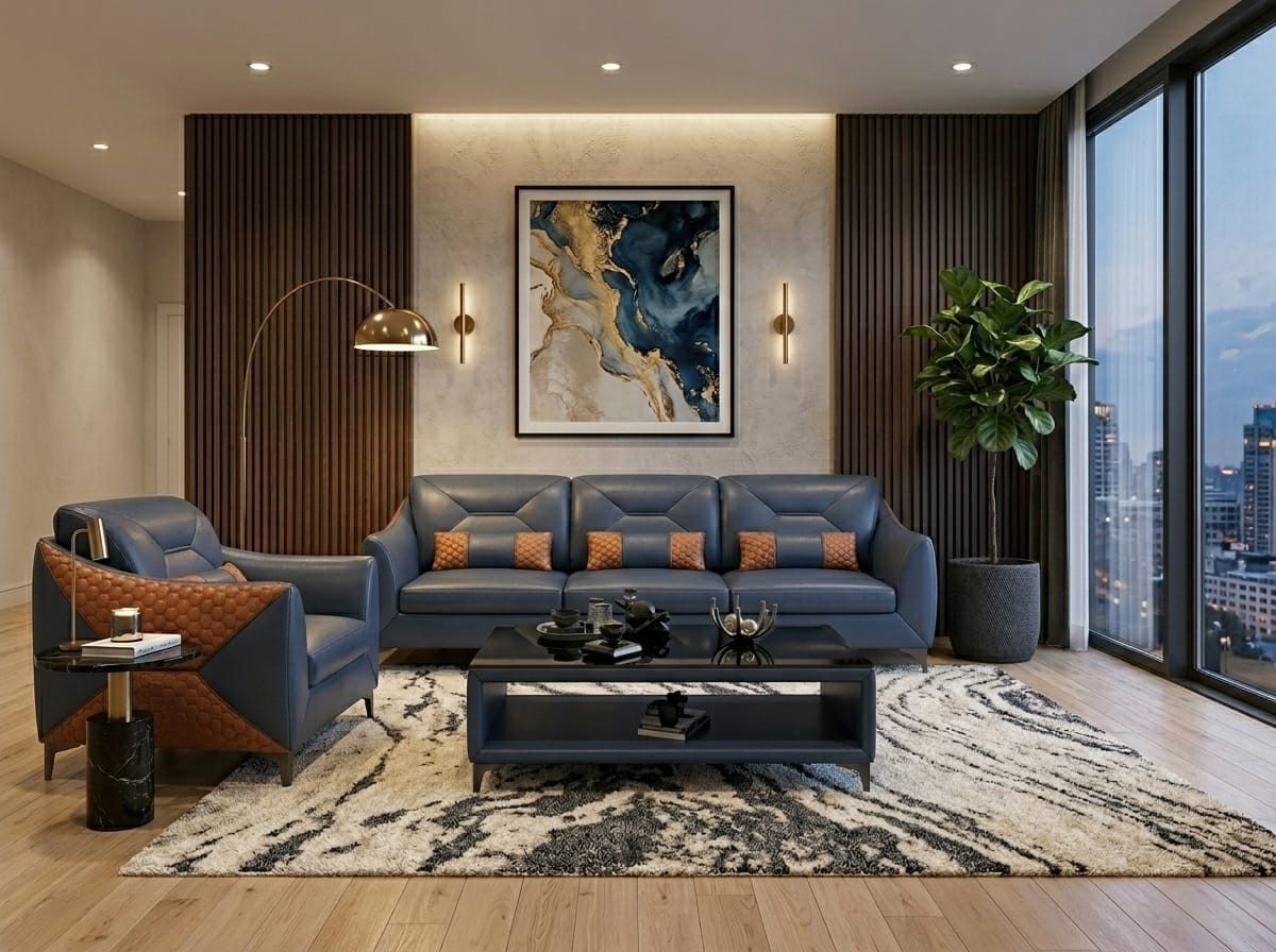 Xlmoebel Wohnlandschaft Modernes blaues Leder Sofa Set 3+1 mit Kissen für Ihr Wohnzimmer, 2 Teile, Made in Europa