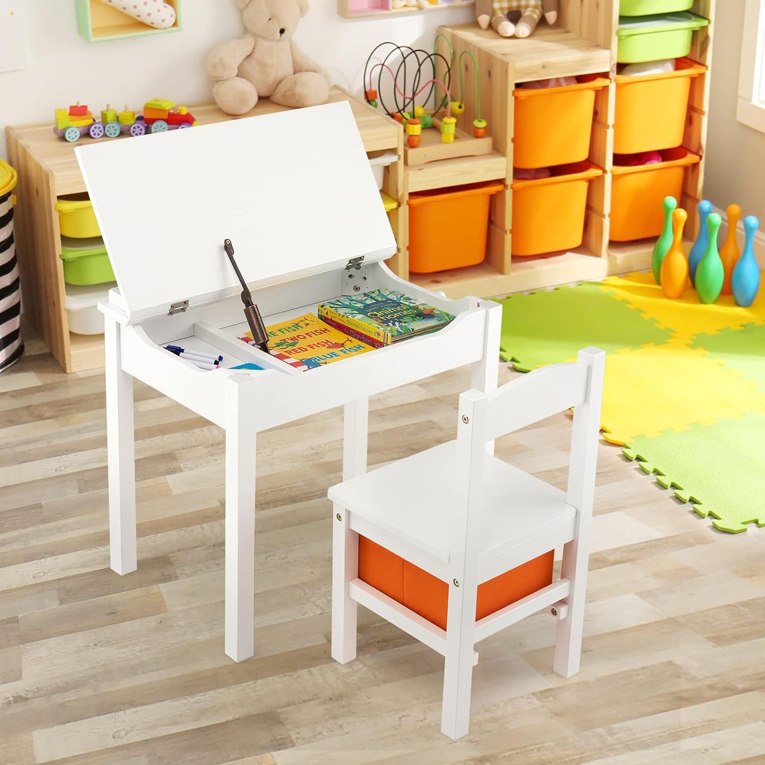 KOMFOTTEU Kindertisch, mit Stuhl, aufklappbarer Tischplatte & Sicherheitsgelenk & Haken