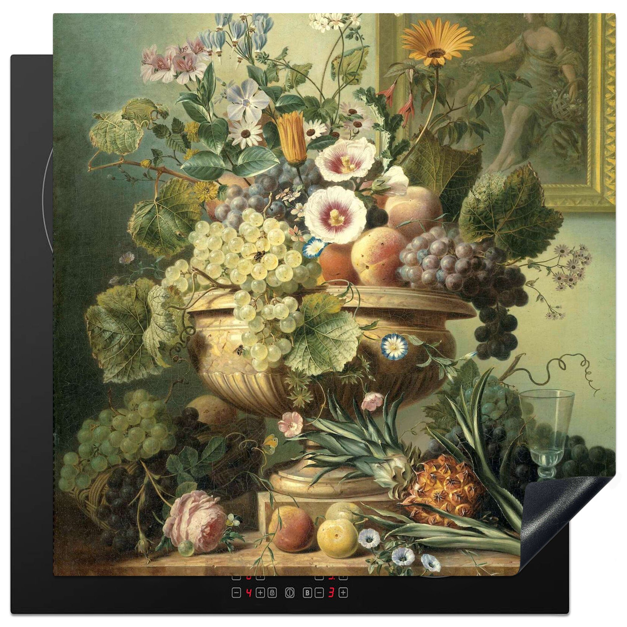 MuchoWow Herdblende-/Abdeckplatte Stilleben mit Blumen und Früchten - Gemälde von Eelke Jelles Eelkema, Vinyl, (1 tlg), 78x78 cm, Ceranfeldabdeckung, Arbeitsplatte für küche