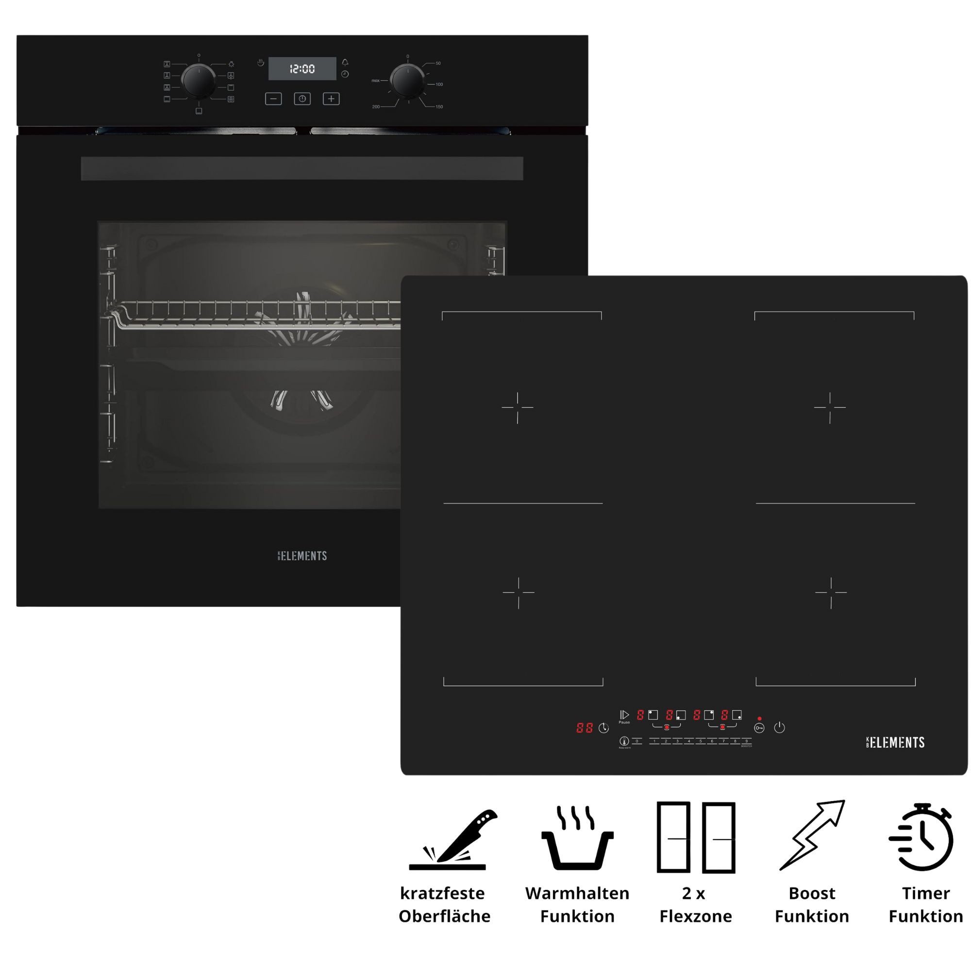 KB Elements Induktions Herd-Set Einbaubackofen 60 cm mit Induktionskochfeld 60cm Kratzfest, Aqua Clean, Kratzfestes Induktionskochfeld mit Warmhaltefunktion
