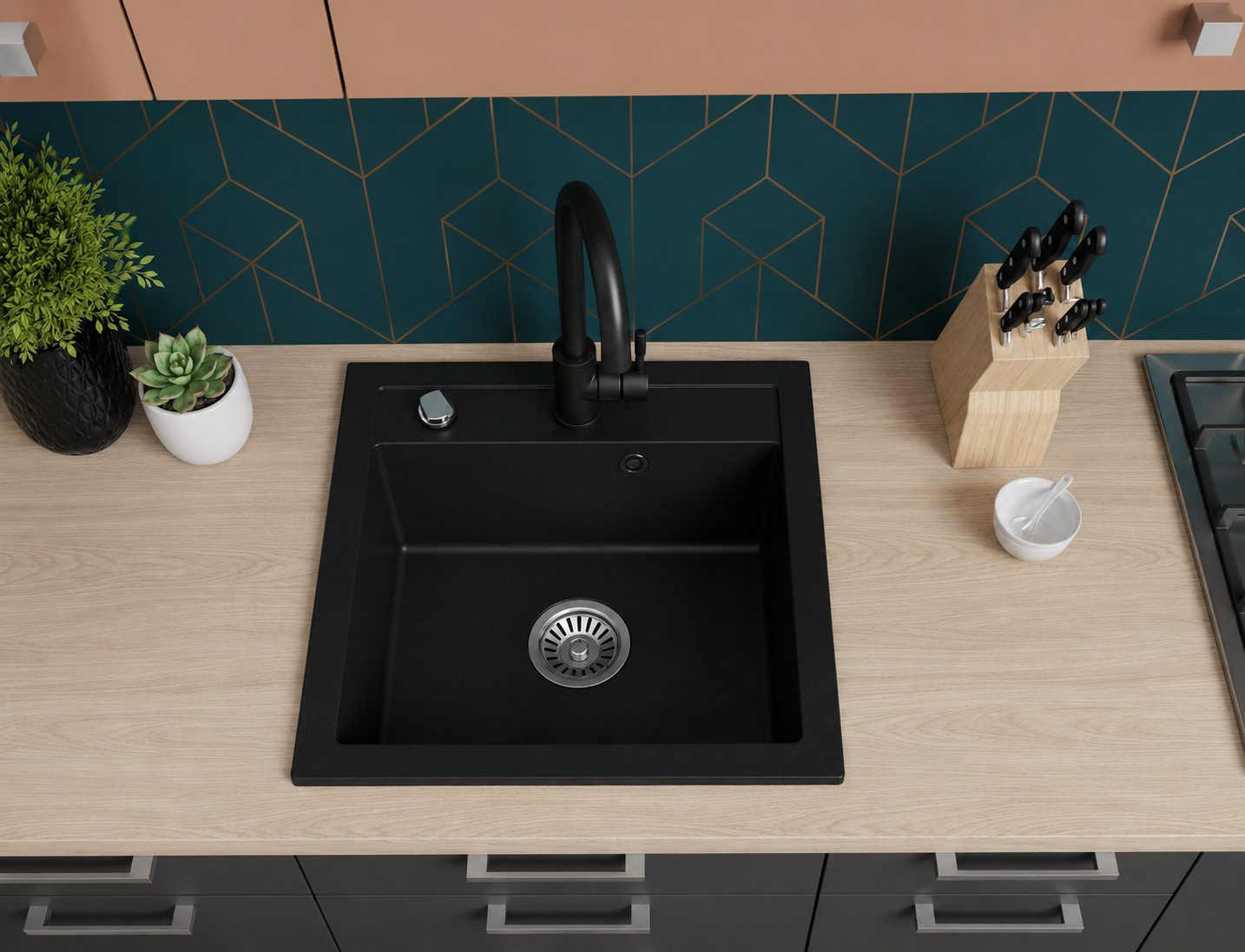Faizee Möbel Granitspüle Granitspüle Milano 48x50 in verschieden Farben (Mattschwarz), Eckig, 49/21 cm