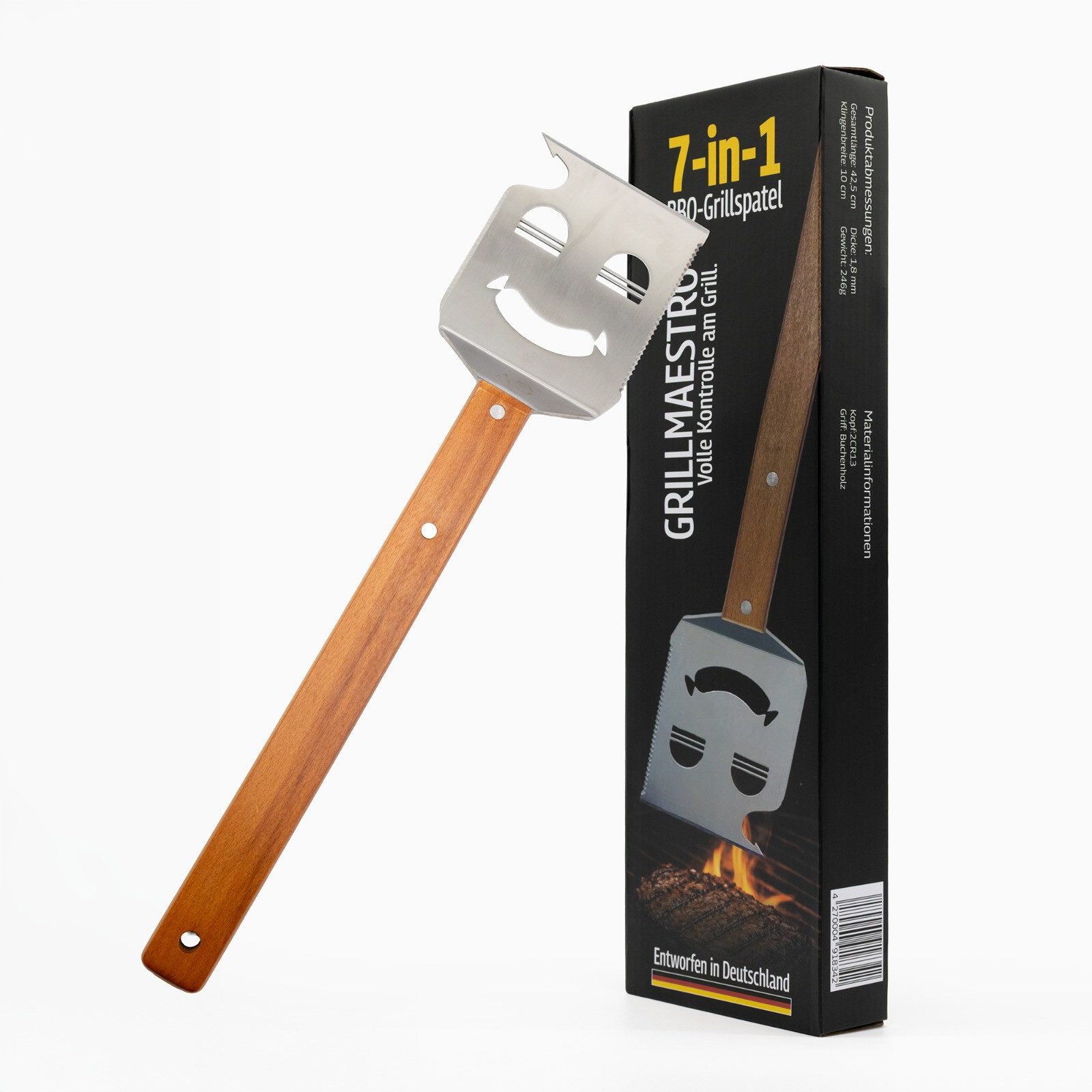 Cozyvibe Grillbesteck-Set 7 in 1 BBQ Grillspachtel mit Flaschenöffner, Camping & Grill Zubehör, (Grillwerkzeug Grillbesteck Edelstahl Holzgriff, Grillgeschenk Männer, 1 tlg., 1 Stück, ideal für Holzkohlegrill, Gasgrill und Grillplatte geeignet), Entworfen