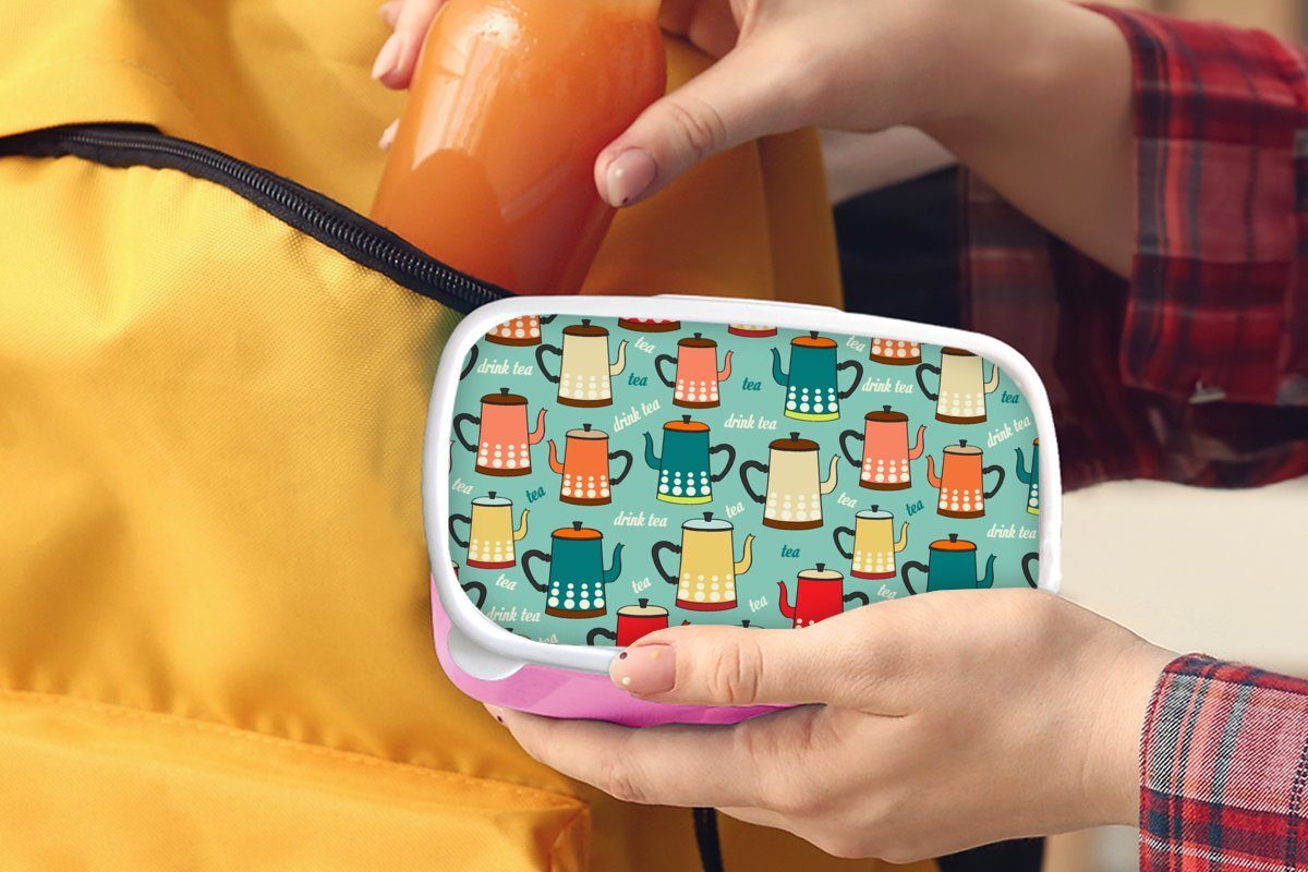 MuchoWow Lunchbox für - Teekanne Snackbox, Kunststoff, Muster (2-tlg), Brotdose Erwachsene, - Kinder, Mädchen, Vintage, Brotbox Tee Kunststoff rosa 
