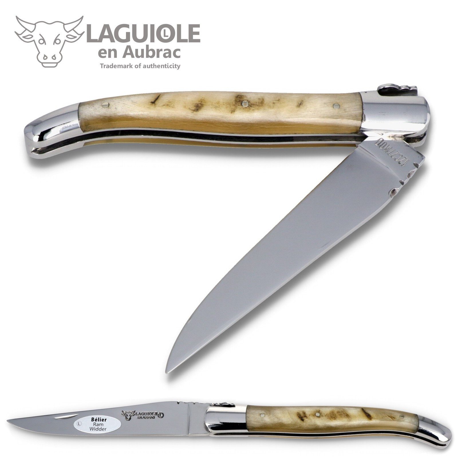 Laguiole en Aubrac Taschenmesser L0212BEIF, Griff 12cm Widderhorn - Feder verziert - Klinge Backen Stahl glänzend