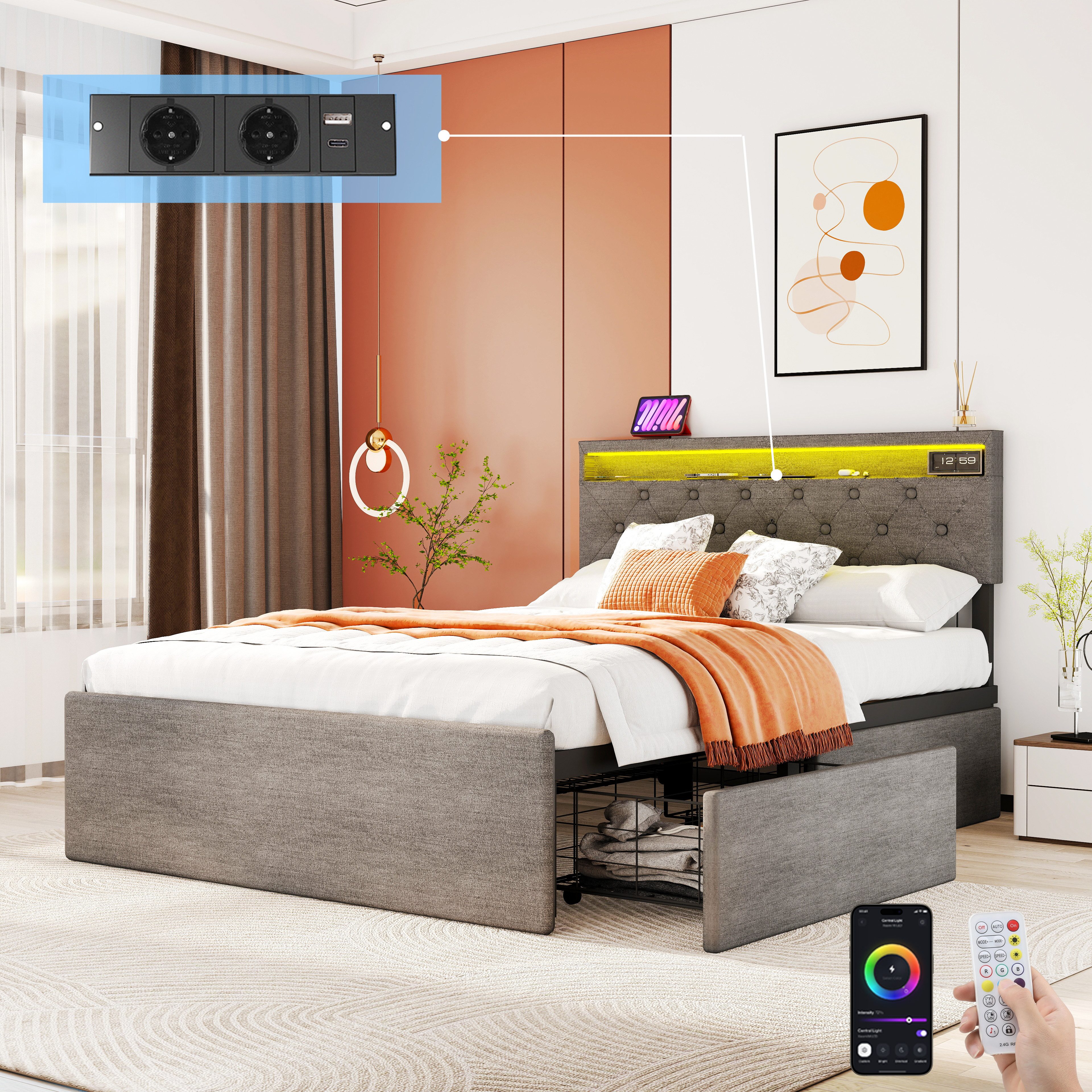 oyajia Polsterbett LED Doppelbett 140x200cm mit Ladefunktion und 4 Schubladen Polsterbett (Modernes Jugendbett, Leises Design Bett, Max. Belastbarkeit 365 kg), 140x200 cm, ausziehbare Bettkästen, LED-Licht, gepolstertes Kopfteil