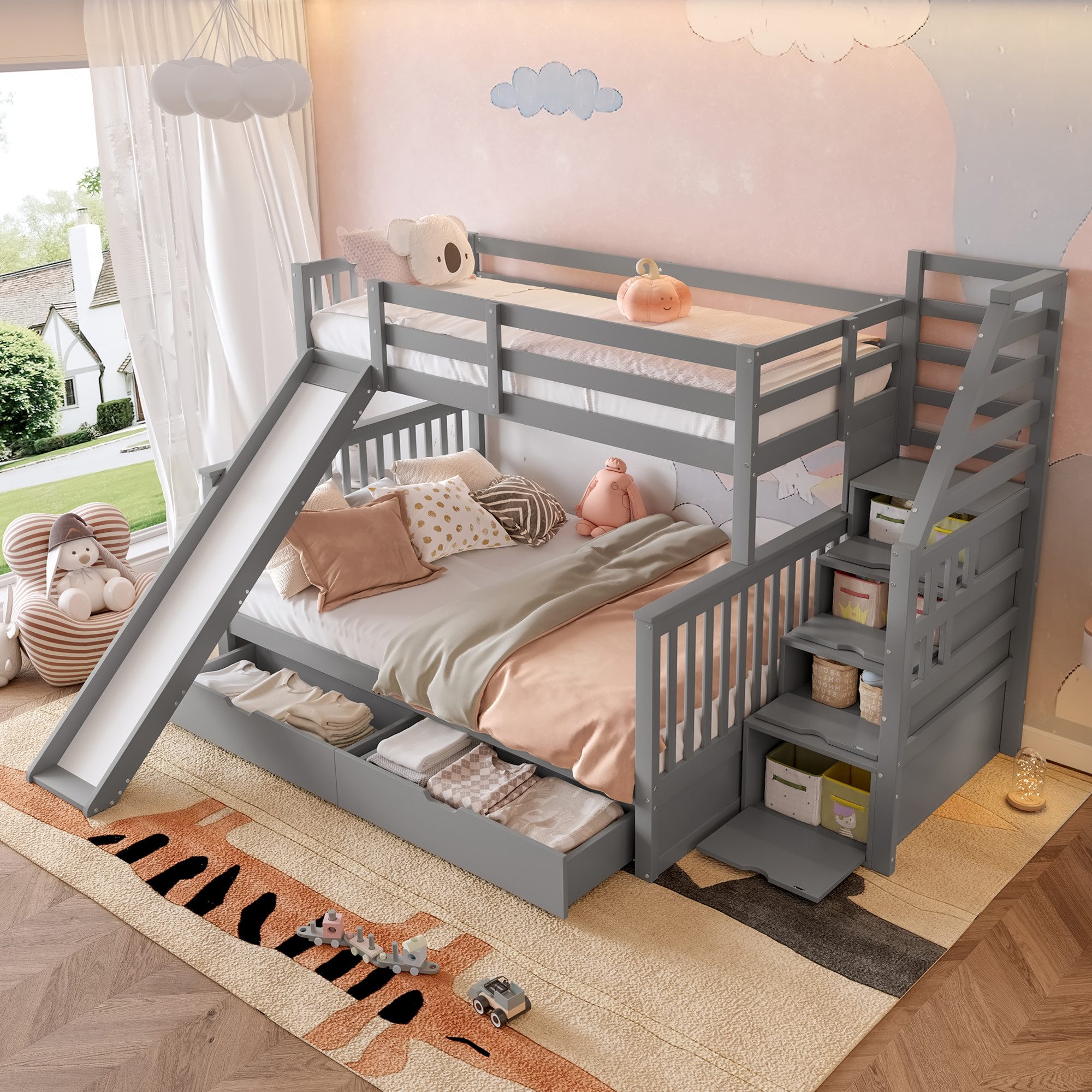 Flieks Etagenbett, Kiefer Kinderbett mit Rutsche & Schubladen 90x200cm+140x günstig online kaufen