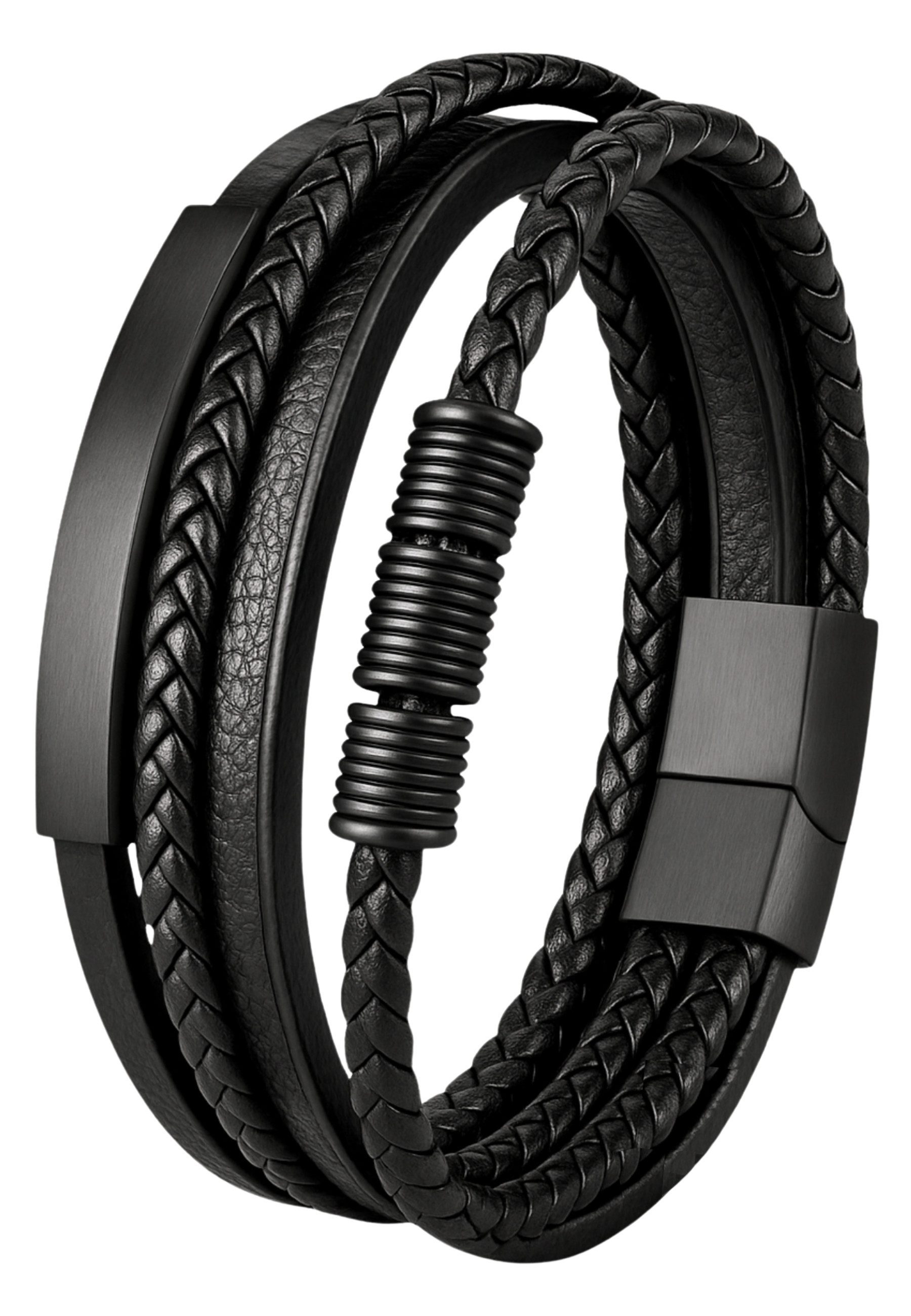 S&T Design Lederarmband Herren Armband Schwarz Schmuck Edelstahl (Geschenkebox (Etui), Geflochten), Magnetverschluss & Verlängerung Geschenk für Männer Söhne Ki – Bild 4 von 5
