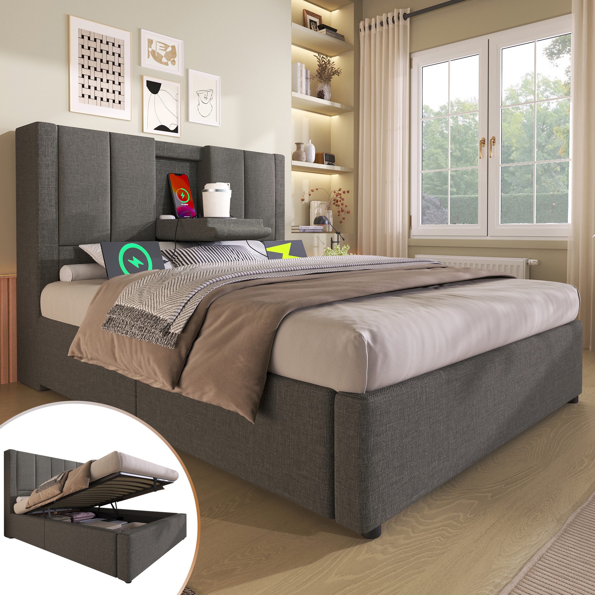 TavilaEcon Boxspringbett Hydraulisches Polsterbett mit verstecktem Becherha günstig online kaufen