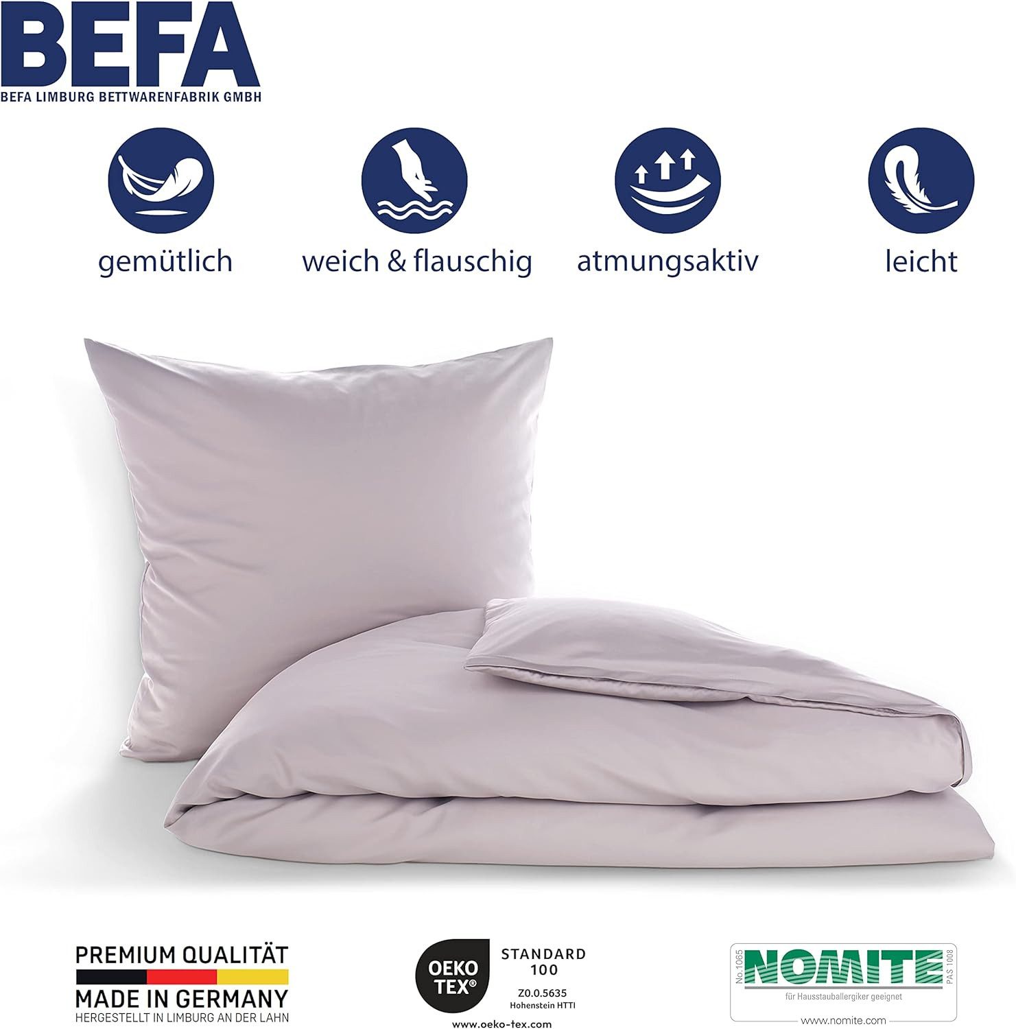 BEFA NATUR Bettwäsche Set aus Satin (Kissen+Decke) - Made in Germany, Bettwäsche Baumwolle, Satin, Allergiker geeignet - atmungsaktiv - mit verdecktem Reißverschluss