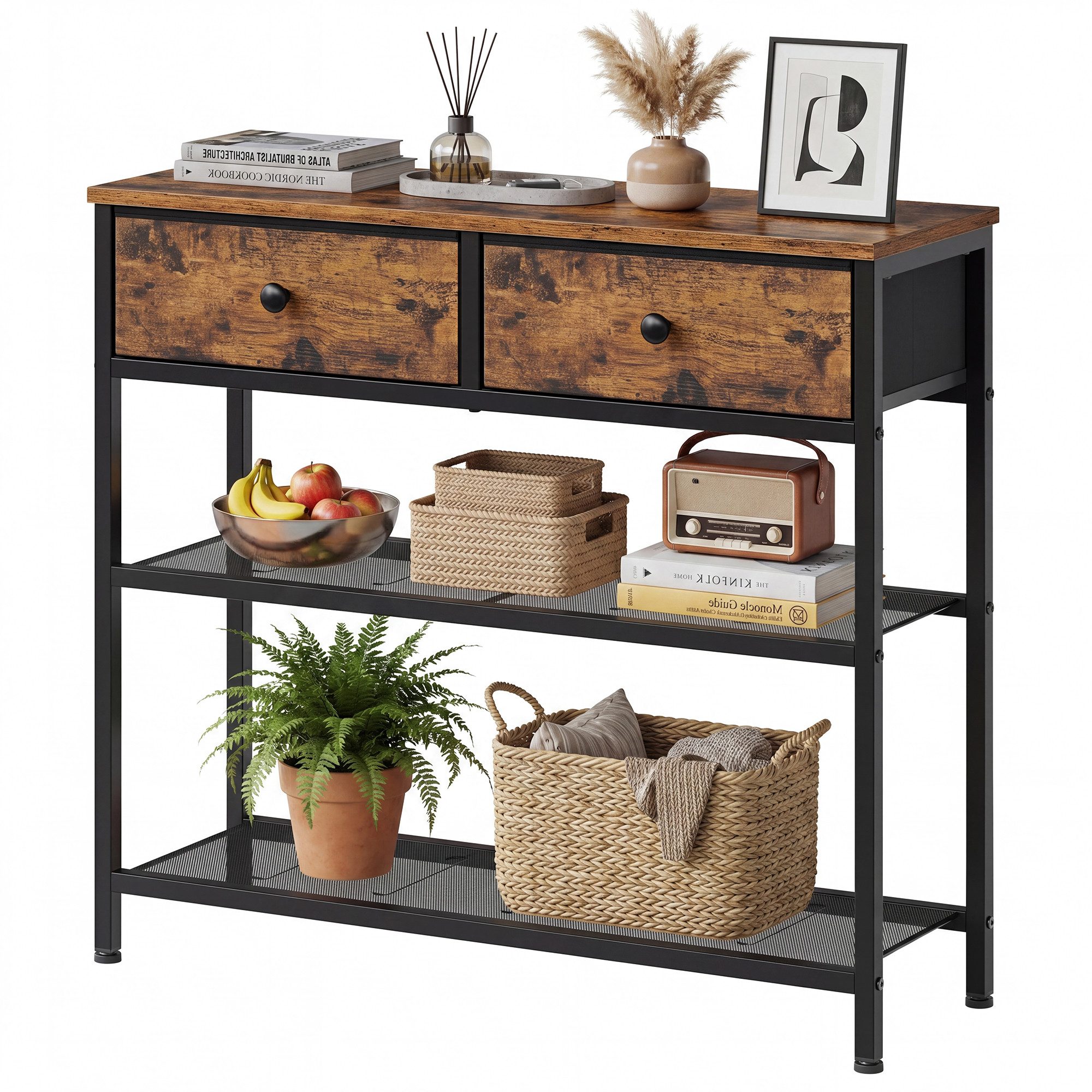 SONGMICS Konsolentisch Beistelltisch mit 2 Gitterablagen, Wohnzimmer, Eingangsbereich, Flur, mit 2 Stoffschubladen, für Wohnzimmer, 30 x 76,7 x 78,7 cm