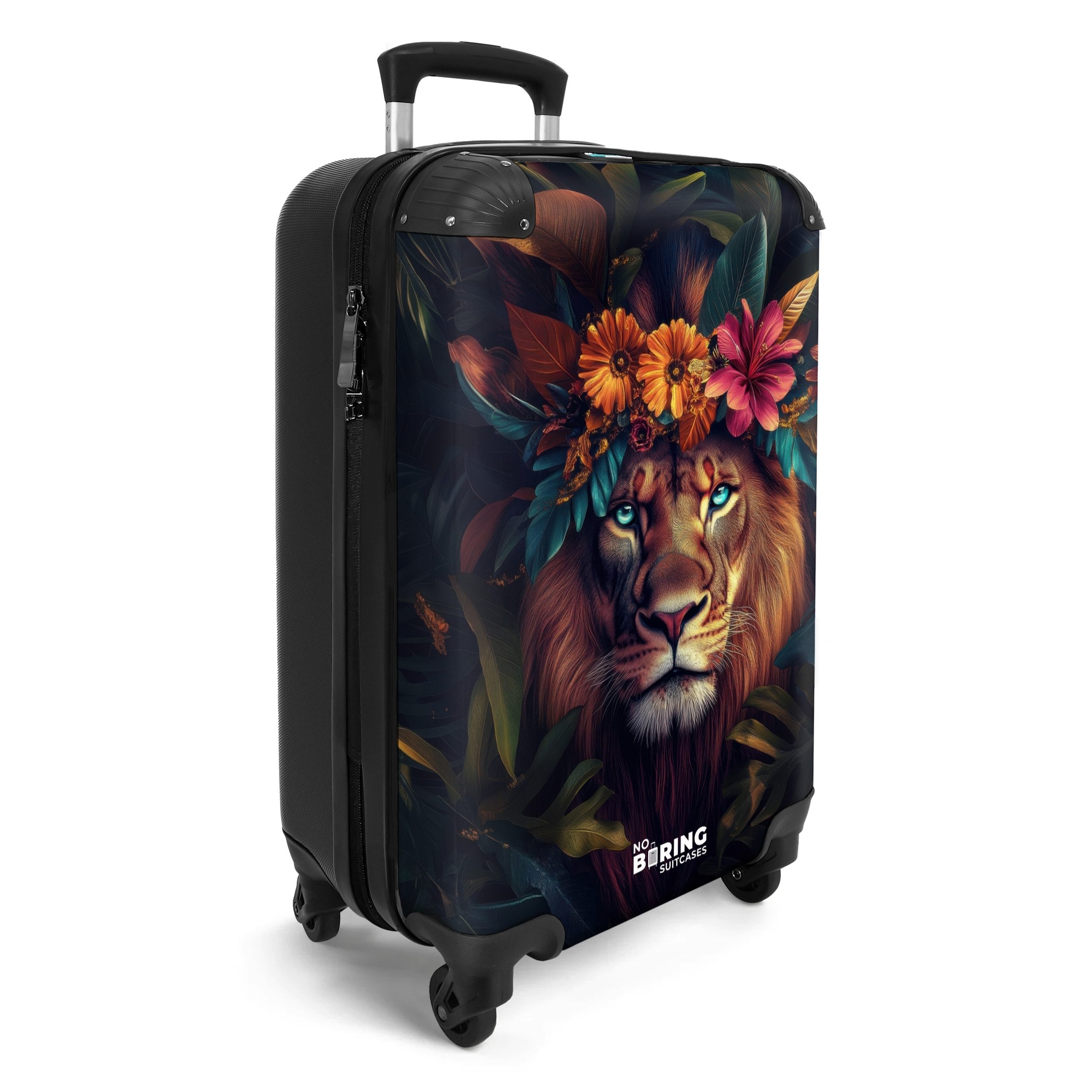 NoBoringSuitcases.com© Hartschalen-Trolley Löwe mit Blumenkrone im Dschungel 55x35x20cm, Reisetasche mit Rollen, Koffer Handgepäck Flugzeug – Bild 2 von 5