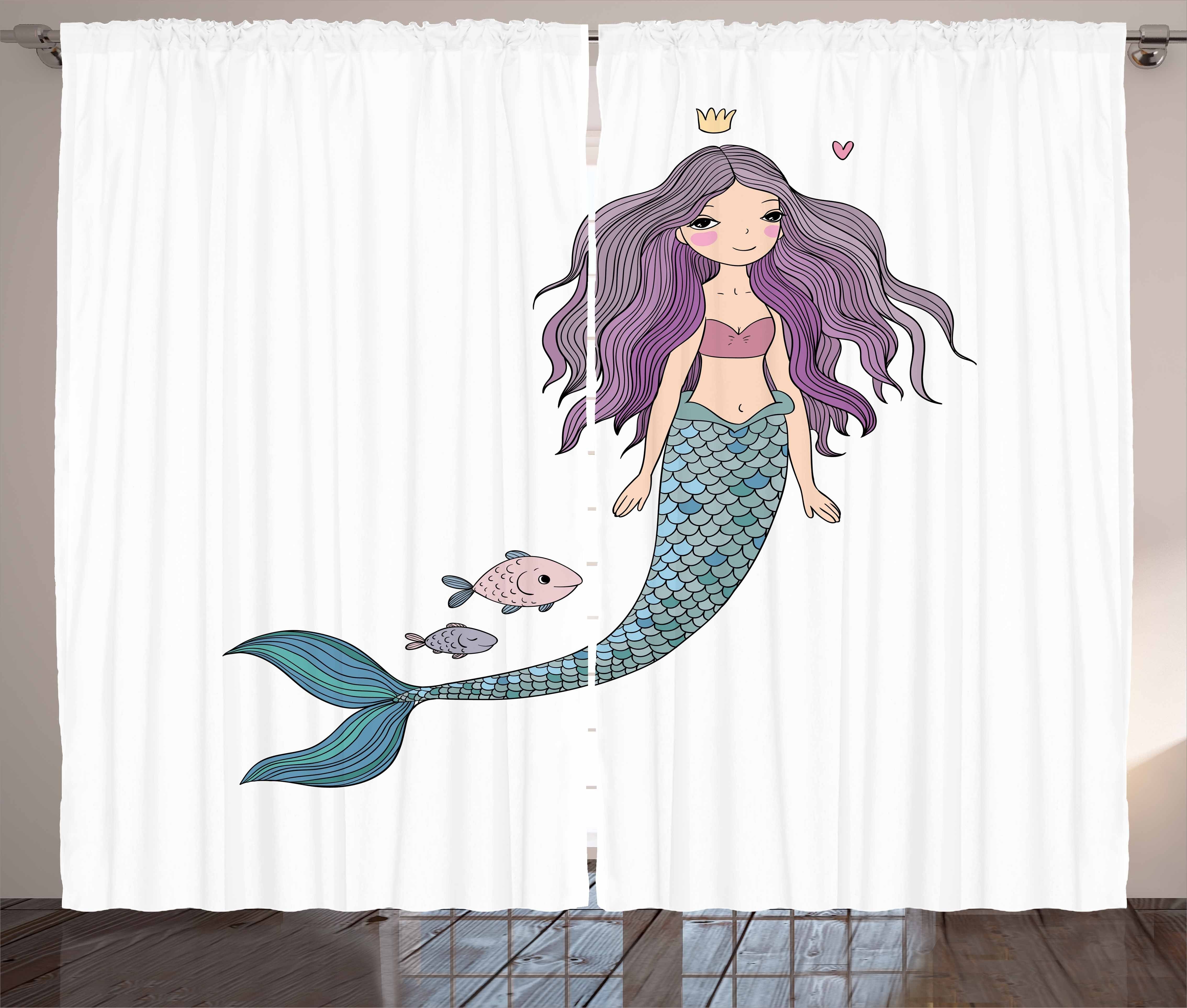 Gardine Schlafzimmer Kräuselband Vorhang mit Schlaufen und Haken, Abakuhaus, Kids Cartoon Mermaid Princess | Fertiggardinen