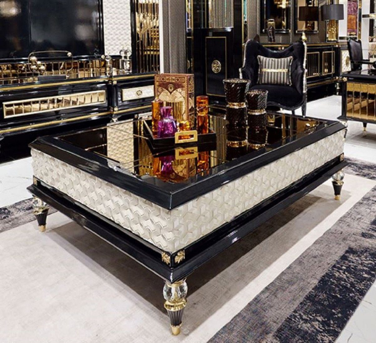 - Prunkvoller Deco Luxus / Couchtisch Möbel Art / Schwarz Cremefarben Wohnzimmertisch Padrino Gold Casa - Massivholz Art Deco Luxus Couchtisch