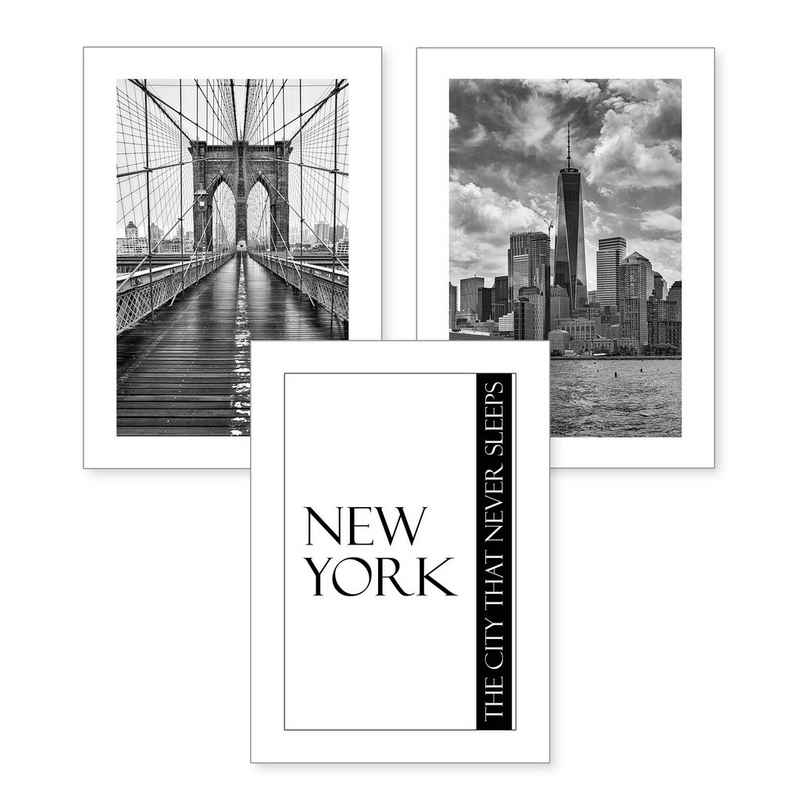 Kreative Feder Poster, New York, City, Stadt, Amerika, Schwarz-Weiß, Brücke, Wolkenkratzer (Set, 3 St), 3-teiliges Poster-Set, Kunstdruck, Wandbild, optional mit Rahmen, wahlw. in DIN A4 / A3, 3-WP061
