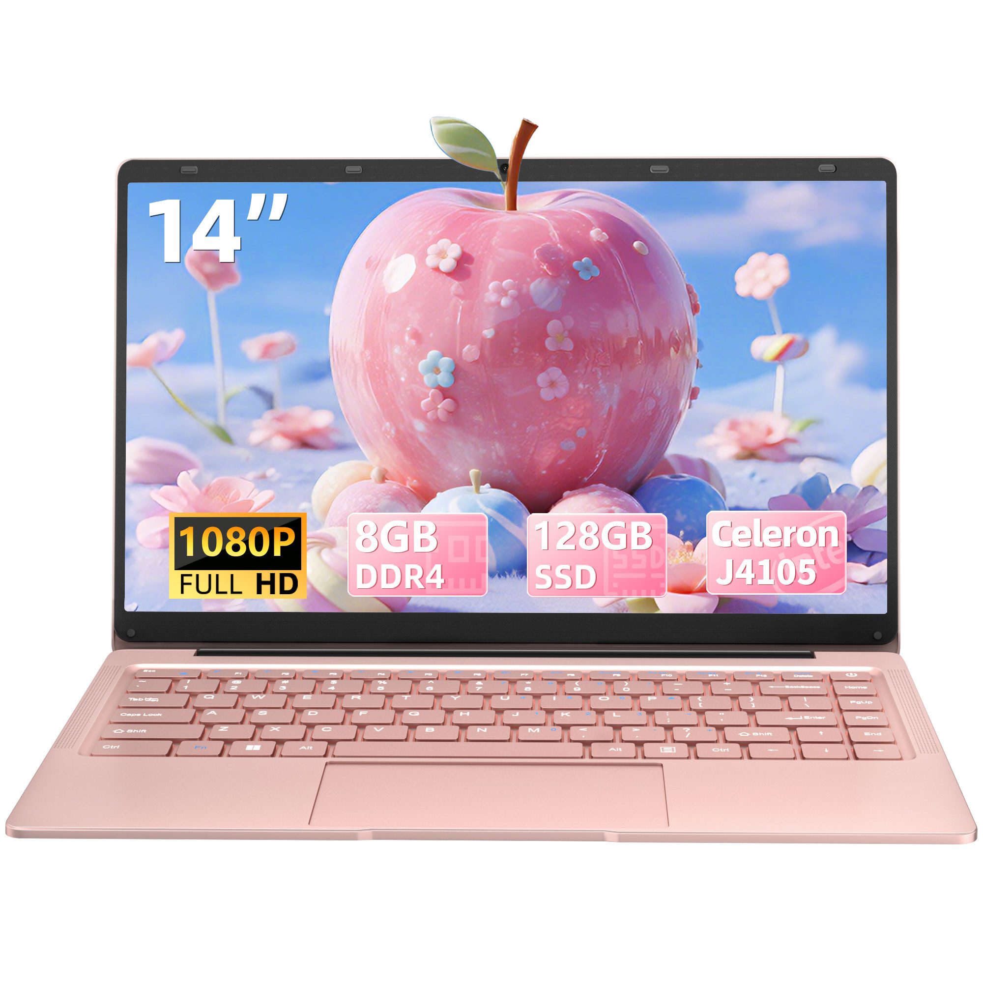 Rumtuk 14 Zoll Roségold Laptop, ultraleichtes und tragbares Notebook (35,56 cm/14 Zoll, Intel Celeron J4105, Intel Iris Xe, 8 GB, 128 GB SSD, FHD Display, 180° Scharnier, Webcam, TF-Kartensteckplatz)