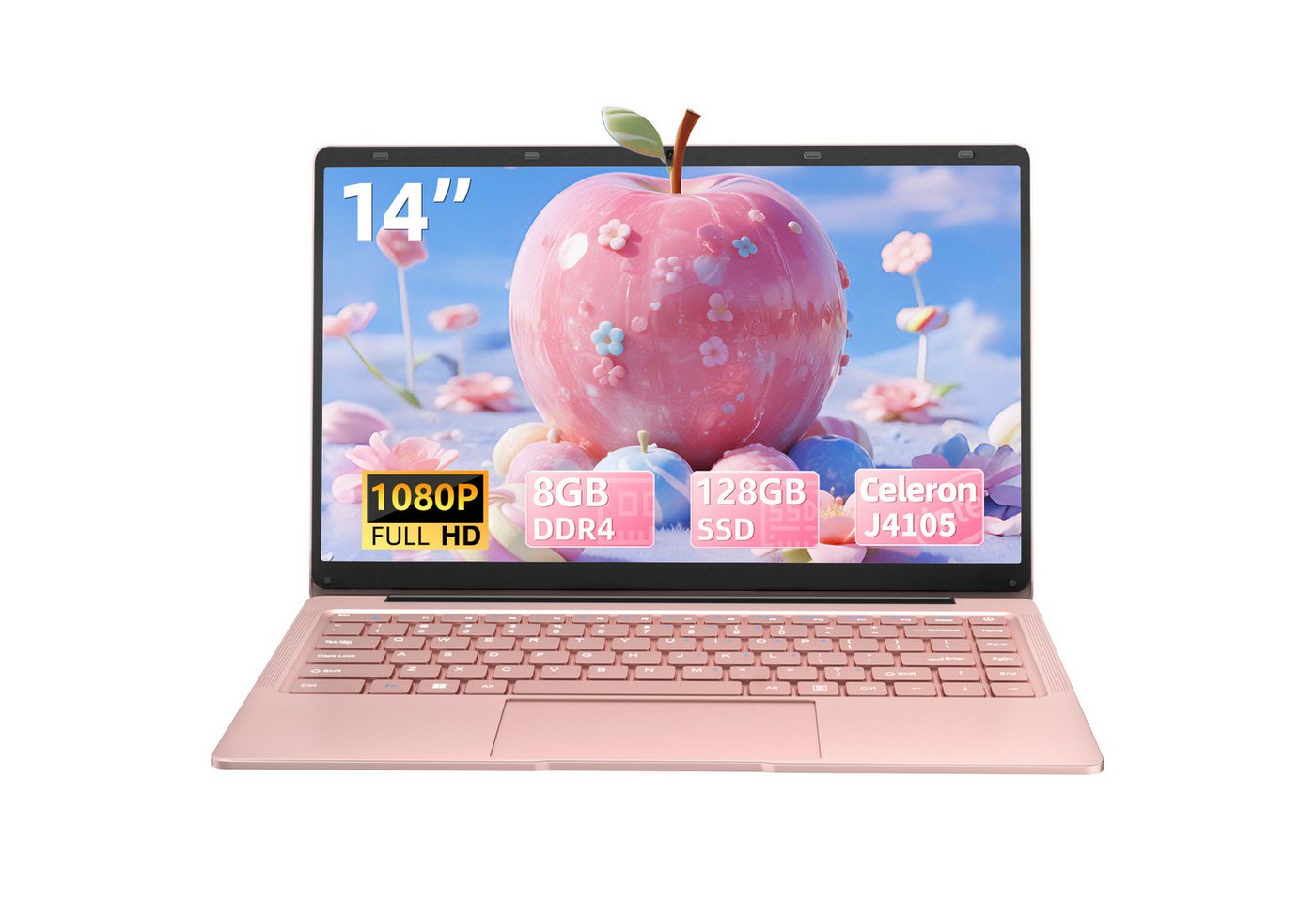 Rumtuk 14 Zoll Roségold Laptop, ultraleichtes und tragbares Notebook (35,56 cm/14 Zoll, Intel Celeron J4105, Intel Iris Xe, 8 GB, 128 GB SSD, FHD Display, 180° Scharnier, Webcam, TF-Kartensteckplatz)