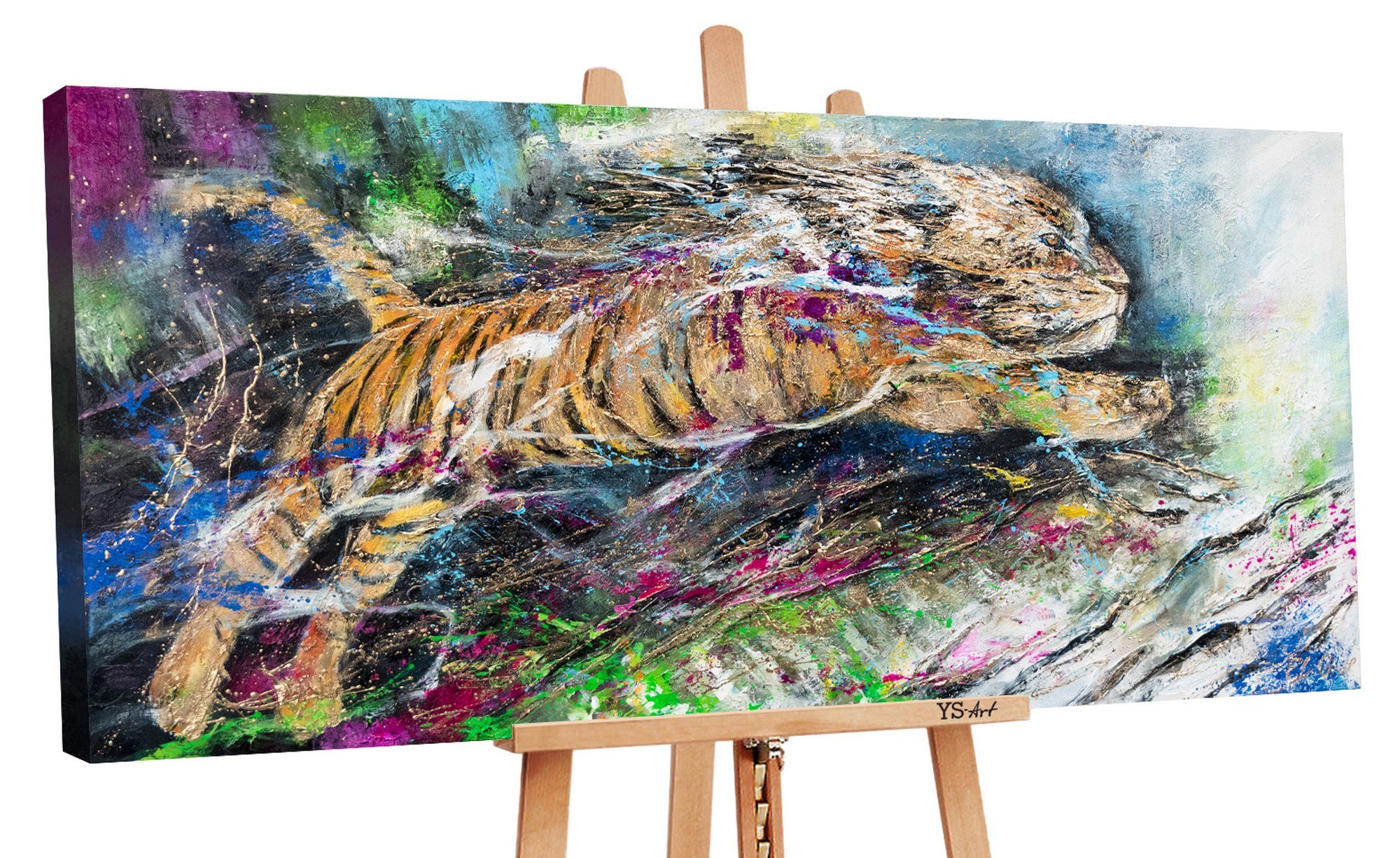 YS-Art Gemälde Energie, Tiere, Bunter Springender Tiger Leinwand Bild Handgemalt Tier
