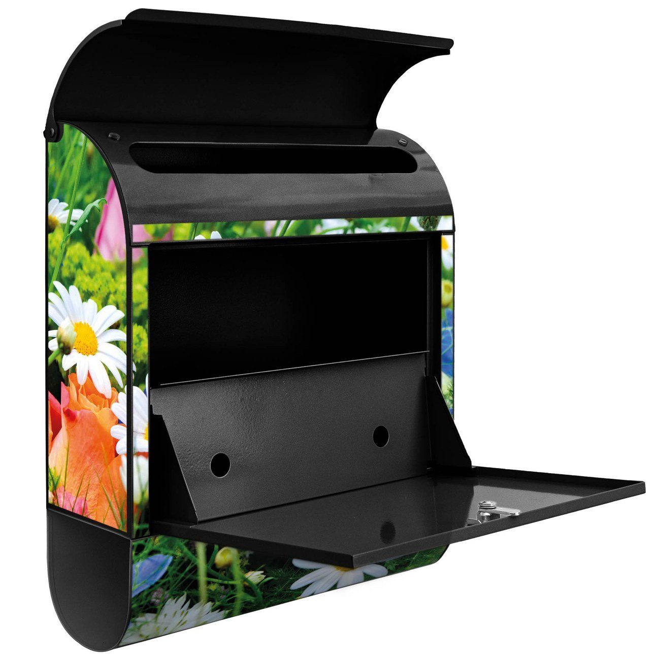 banjado Wandbriefkasten Stahl Blumenstrauß (Wandbriefkasten Zeitungsfach), 39 schwarz pulverbeschichtet, 14cm witterungsbeständig, x 47 mit x