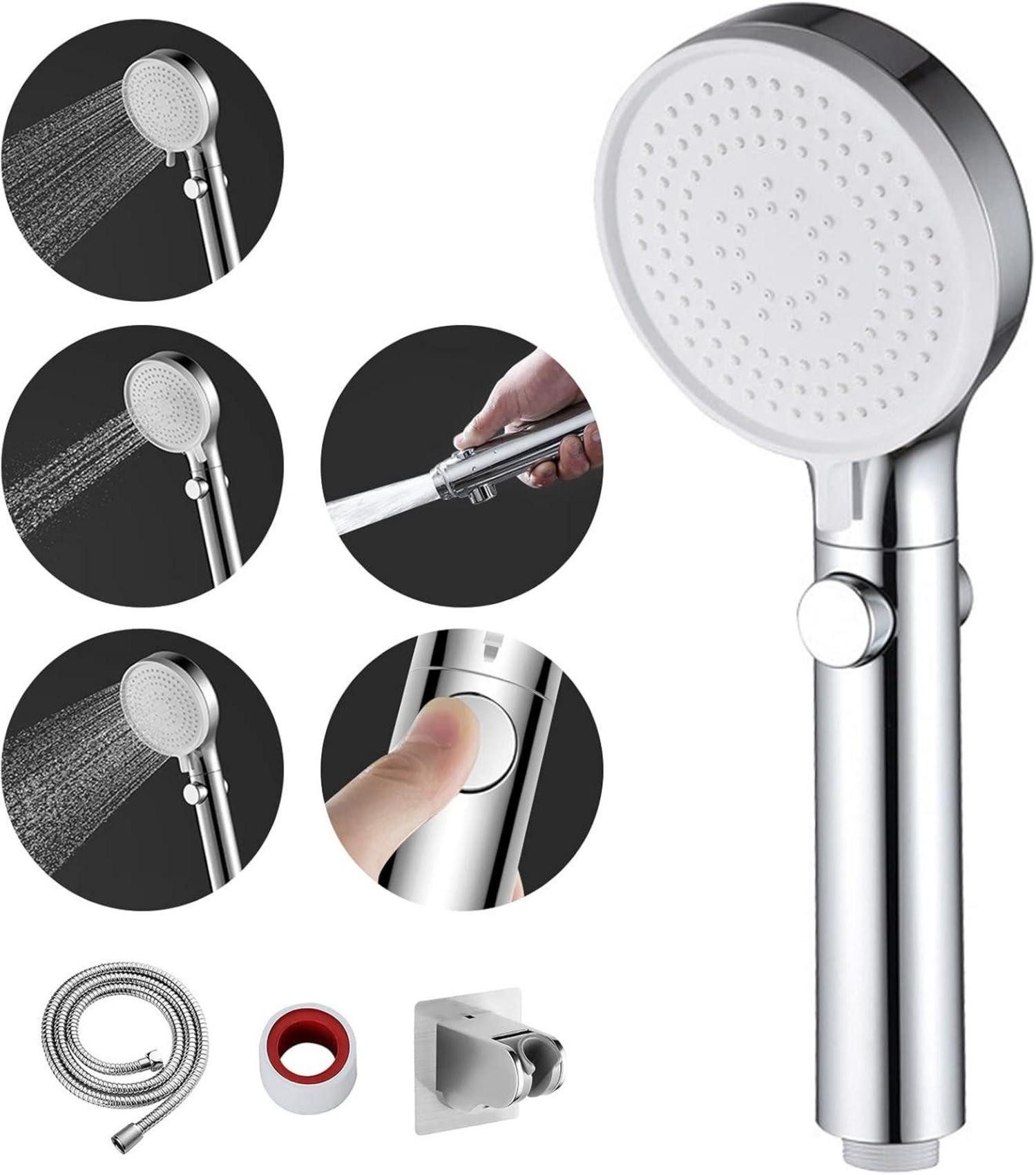Handbrause Chrom Duschkopf mit 3 Strahlarten, Hochdruck Handbrause
