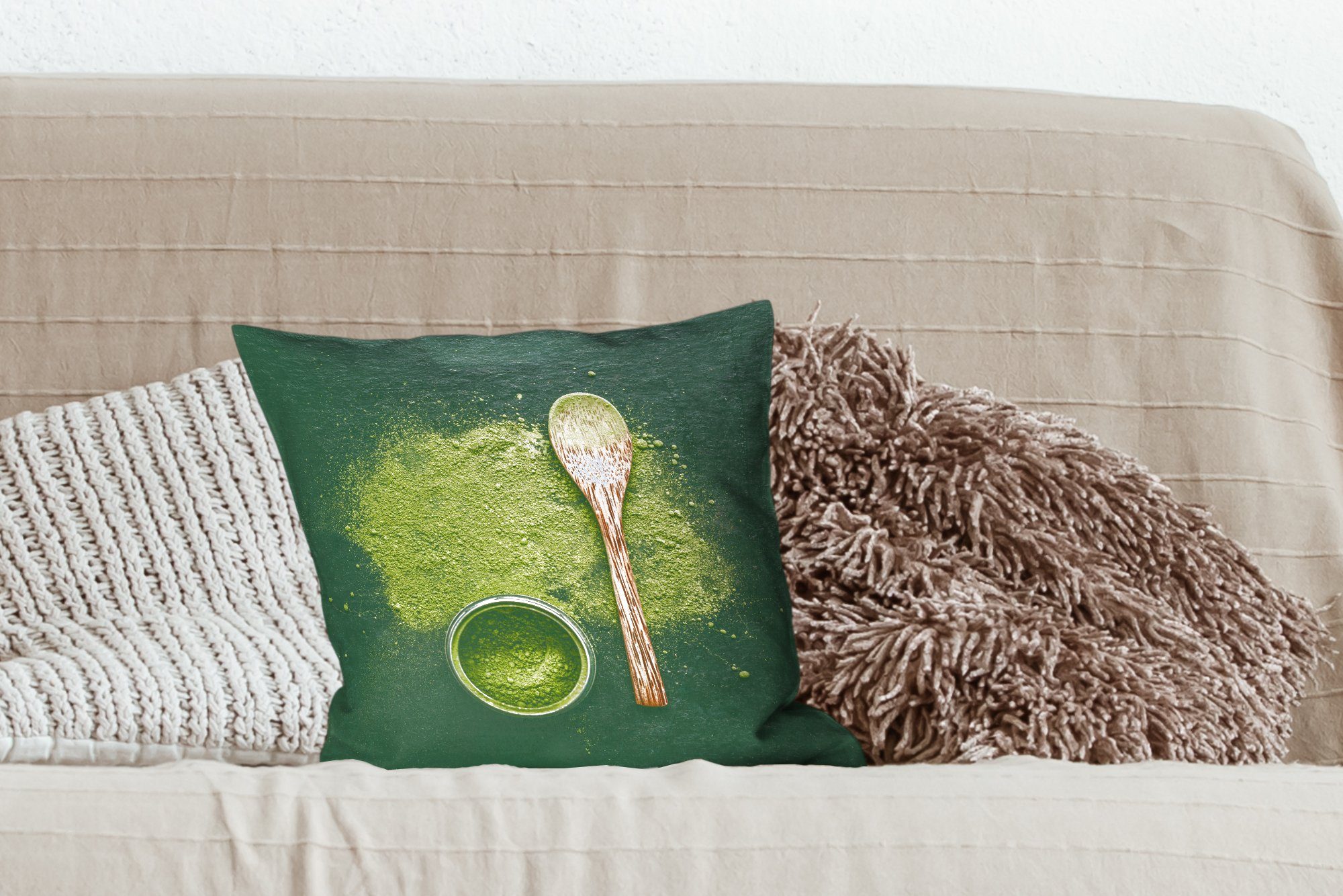 Matcha-Pulver mit Sofakissen Füllung grünem Zierkissen Wohzimmer, Dekokissen MuchoWow auf Deko, Hintergrund, für Schlafzimmer, Grünes