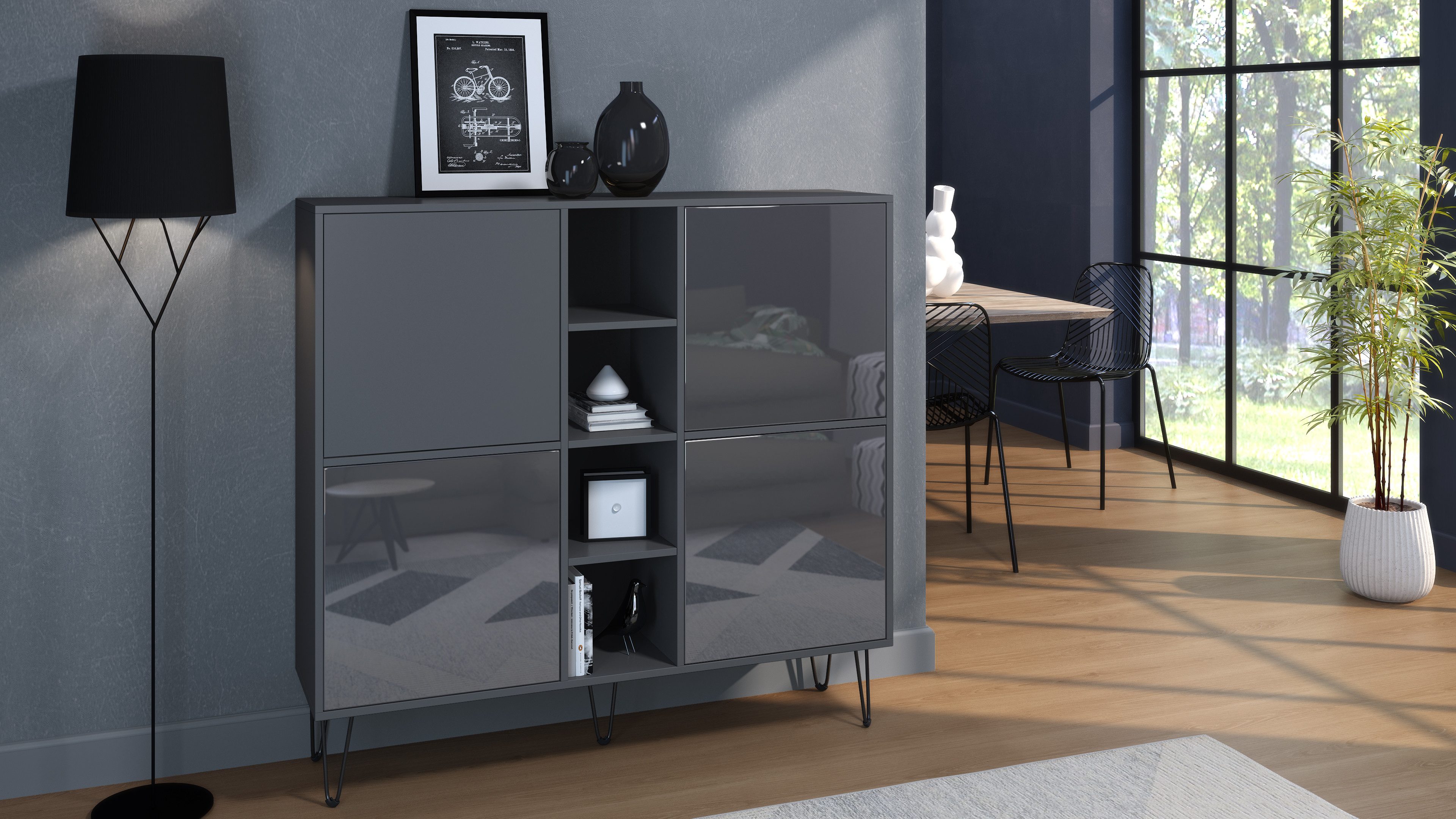 Vladon Highboard Havana V3 (Sideboard mit 4 Türen und 4 offene Fächer, Kommode Made in Germany), Anthrazit matt / Grau Hochglanz (130,5 x 124 x 35 cm)