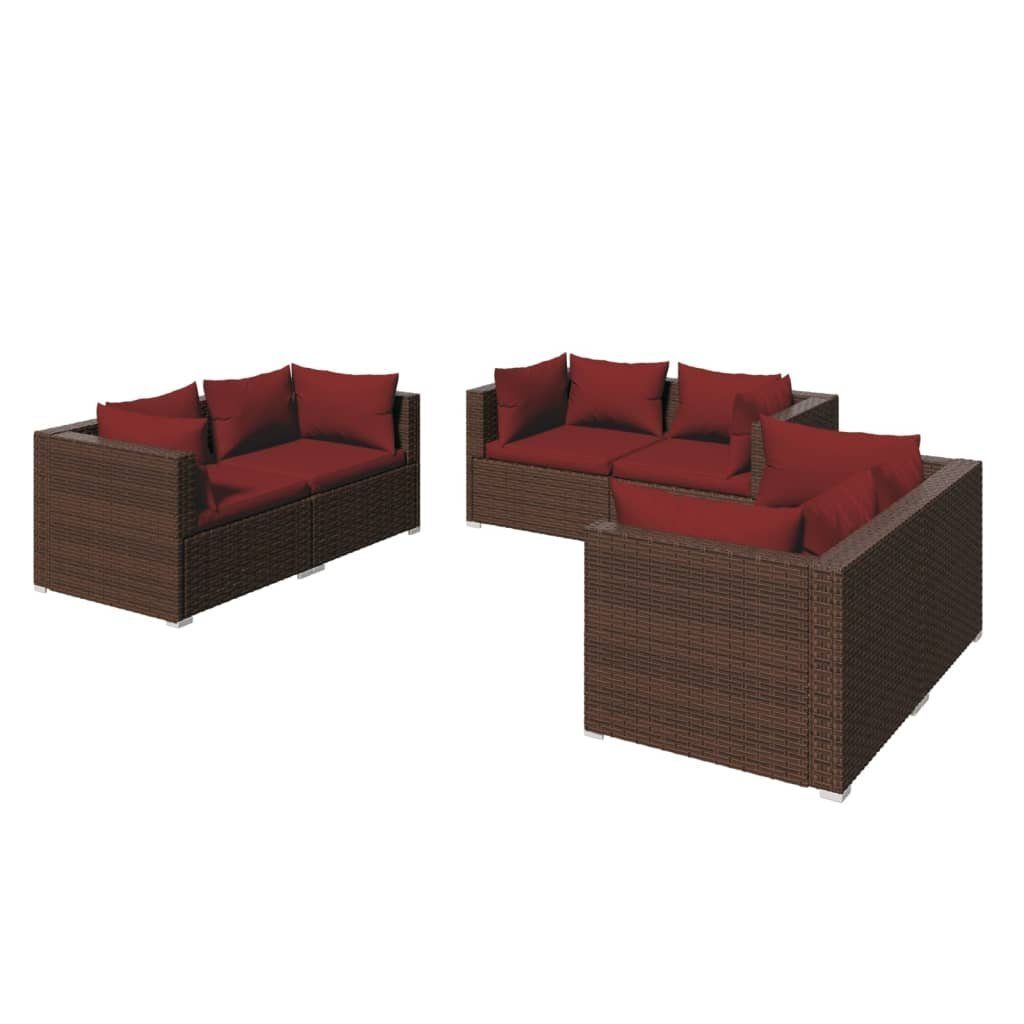 vidaXL Gartenlounge-Set 6-tlg. Garten-Lounge-Set mit Auflagen Poly Rattan Braun, (1-tlg)