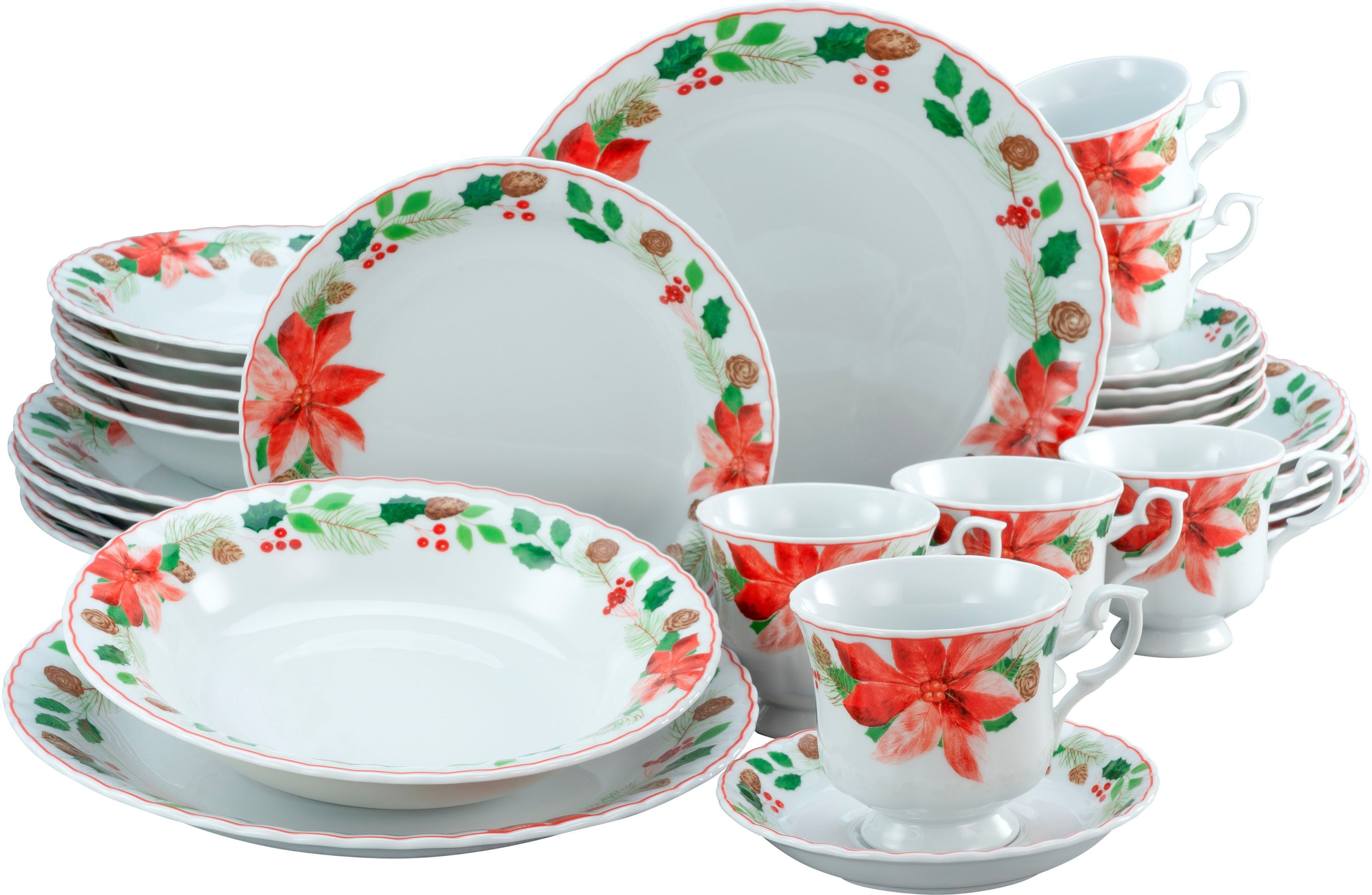 CreaTable Kombiservice Geschirr-Set Ivona, Winter, Advent, Weihnachten (30-tlg), 6 Personen, Porzellan, Service, Tasse auf Fuß, festliches Dekor, 30 Teile, für 6 Personen