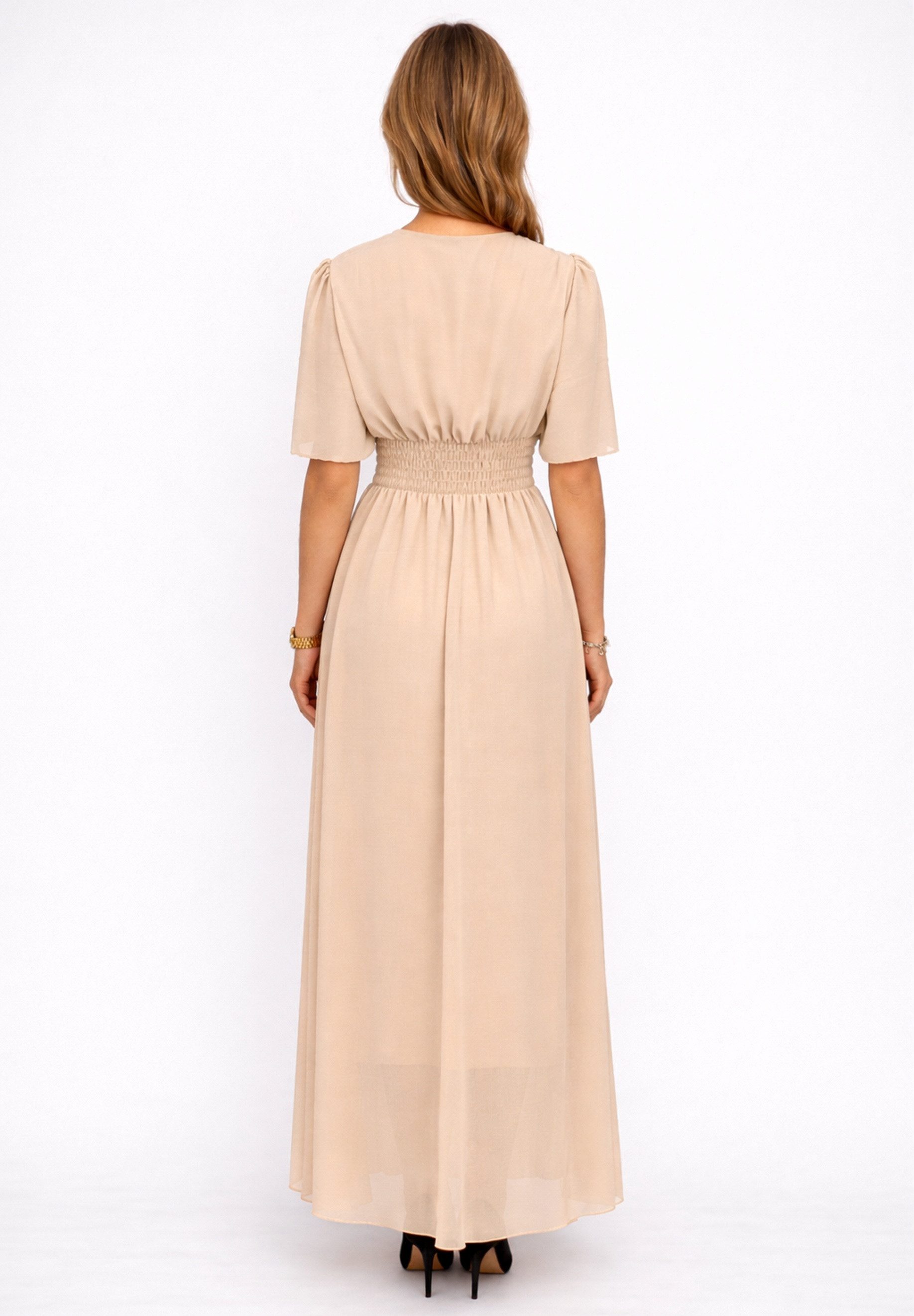 Elara Maxikleid Damen Maxikleid mit V-Ausschnitt, Flügelärmeln und gesmokter Taille (1-tlg)
