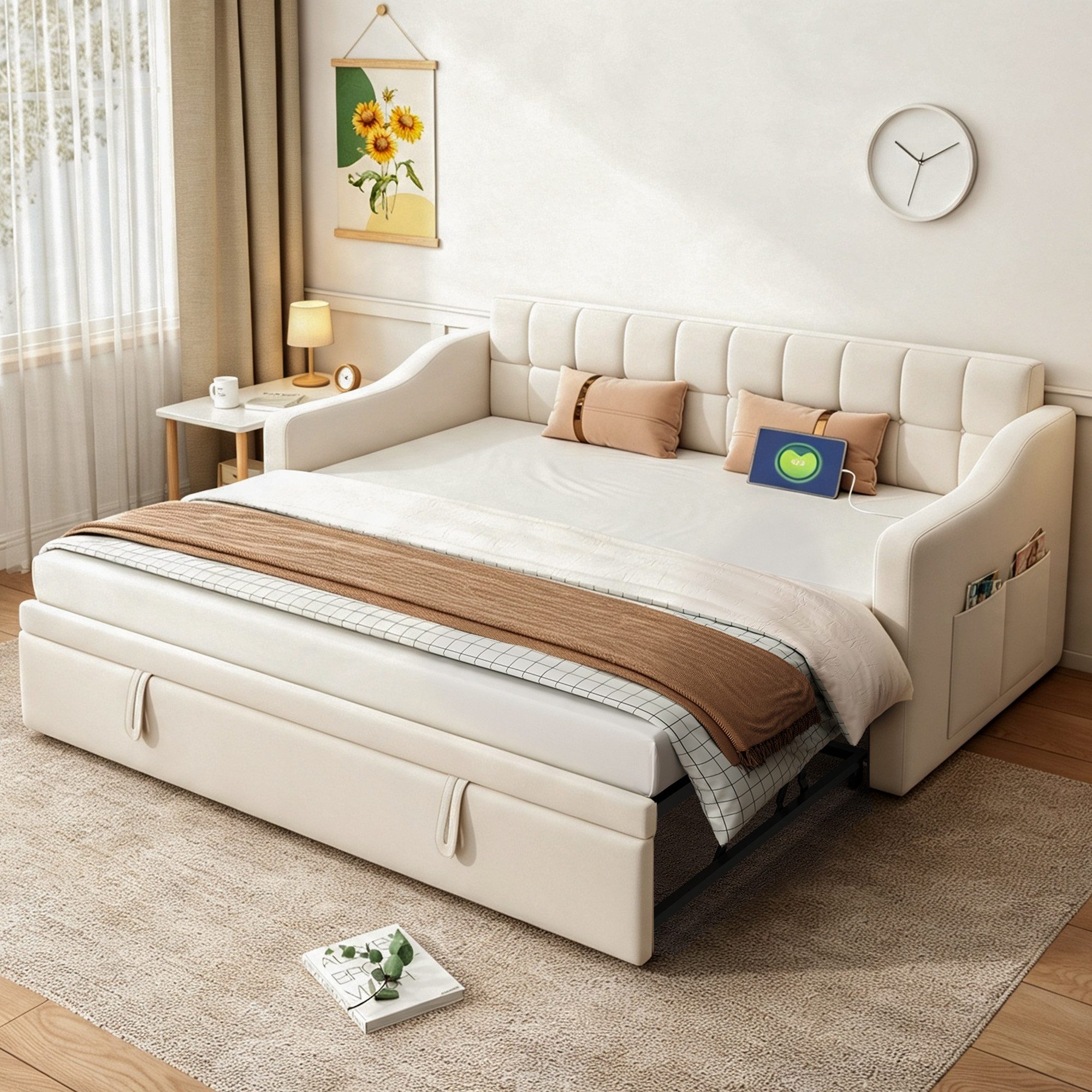 Odikalo Schlafsofa Schlafsofa mit Auszug, Gästebett Samt, Jugendbett mit Bettkasten, Polsterbett Schlafsofa 2 in 1 Multifunktionsschlafsofa 90x190 180x190, Grau / Hellgrau Samtstoff Polsterbett mit Aufbewahrungstasche, Weiches Kissen, vielseitiges Schlafs