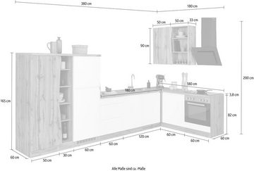 Kochstation Küche KS-Bruneck, Stellbreite 380/180 cm breit, wahlweise mit oder ohne E-Geräte, MDF