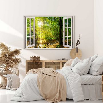 Sinus Art Leinwandbild Wandbild 120x80cm Fensterbild Wald Bach Grün Sonnenstrahl warmes Licht, (1 St)