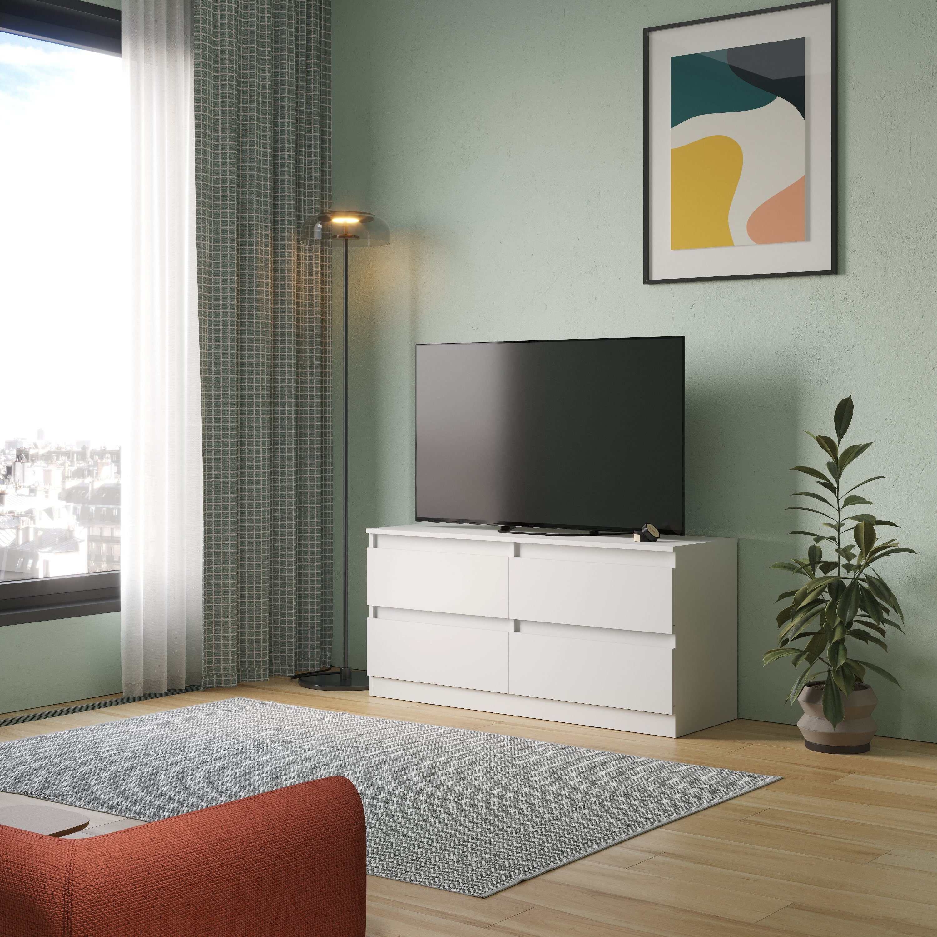 Raumhirsch Furniture Lowboard TV Schrank, TV-Möbel, Fernsehschrank, TV-Kommode (Maße: 127,4 x 60,8 x 44 cm (4 Schubladen, grifflose Fronten), Rollenauszüge, stabile Konstruktion, modernes Design, viel Stauraum