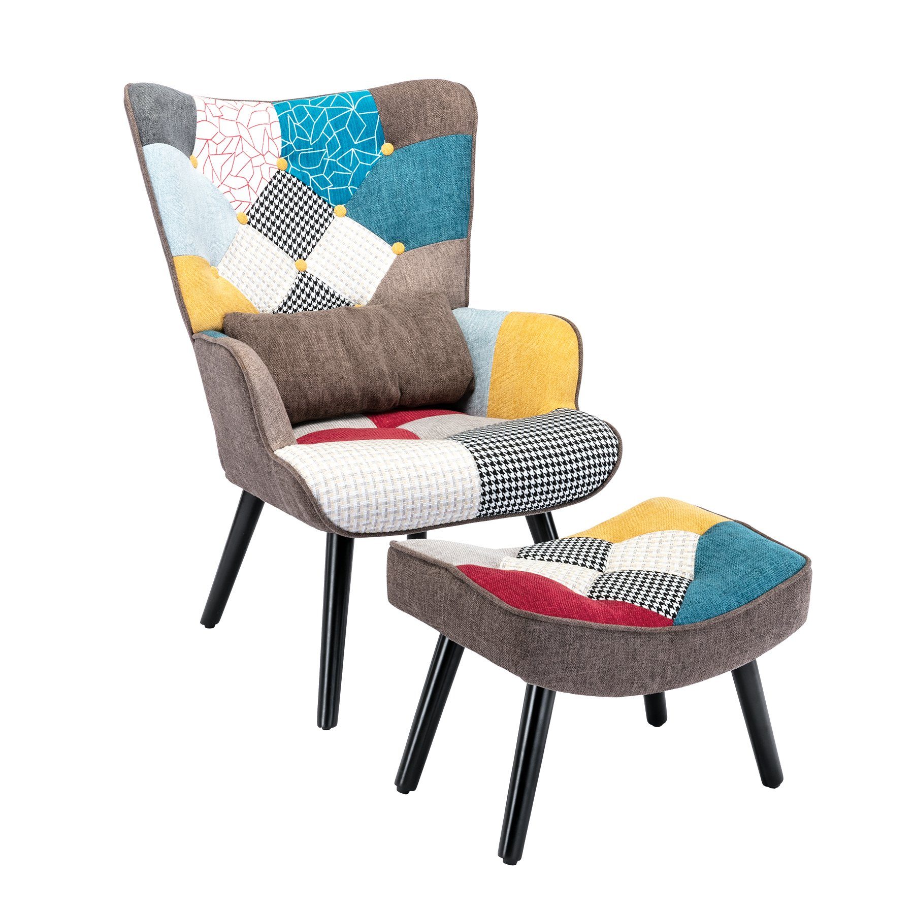 CLEESINk Ohrensessel Relaxsessel mit Hocker Patchwork Sessel Wohnzimmer Ohrensessel Holz