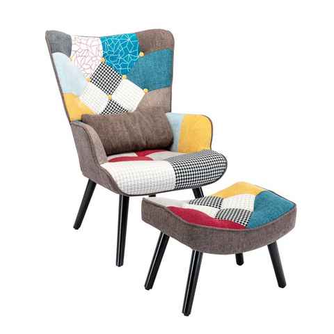 CLEESINk Ohrensessel Relaxsessel mit Hocker Patchwork Sessel Wohnzimmer Ohrensessel Holz