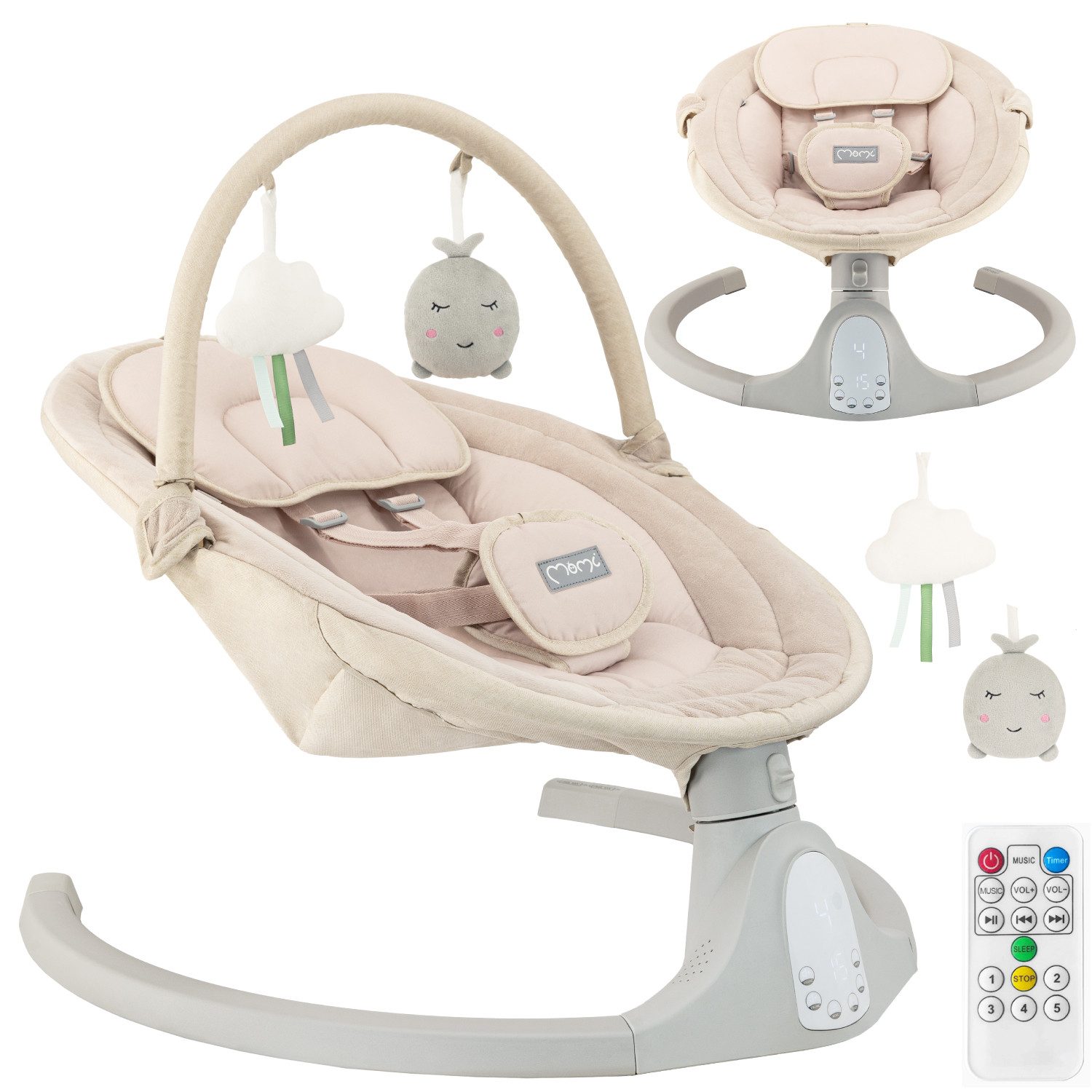 MoMi Babywippe Kenani, Elektrische Babywippe mit Bluetooth und Fernbedienung