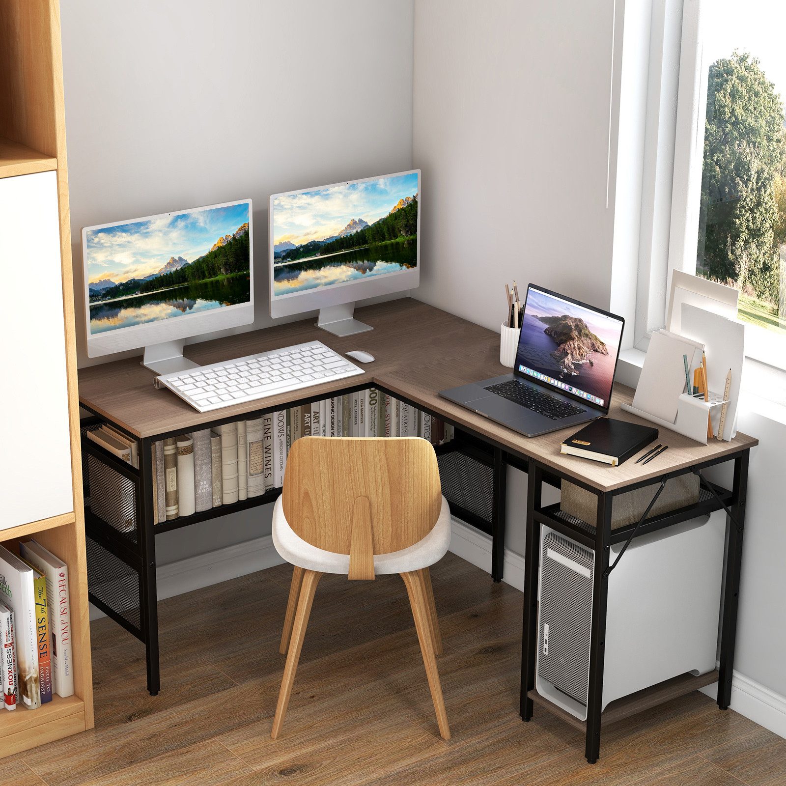 COSTWAY Eckschreibtisch, mit Gitterregalen & CPU-Ständer, günstig online kaufen