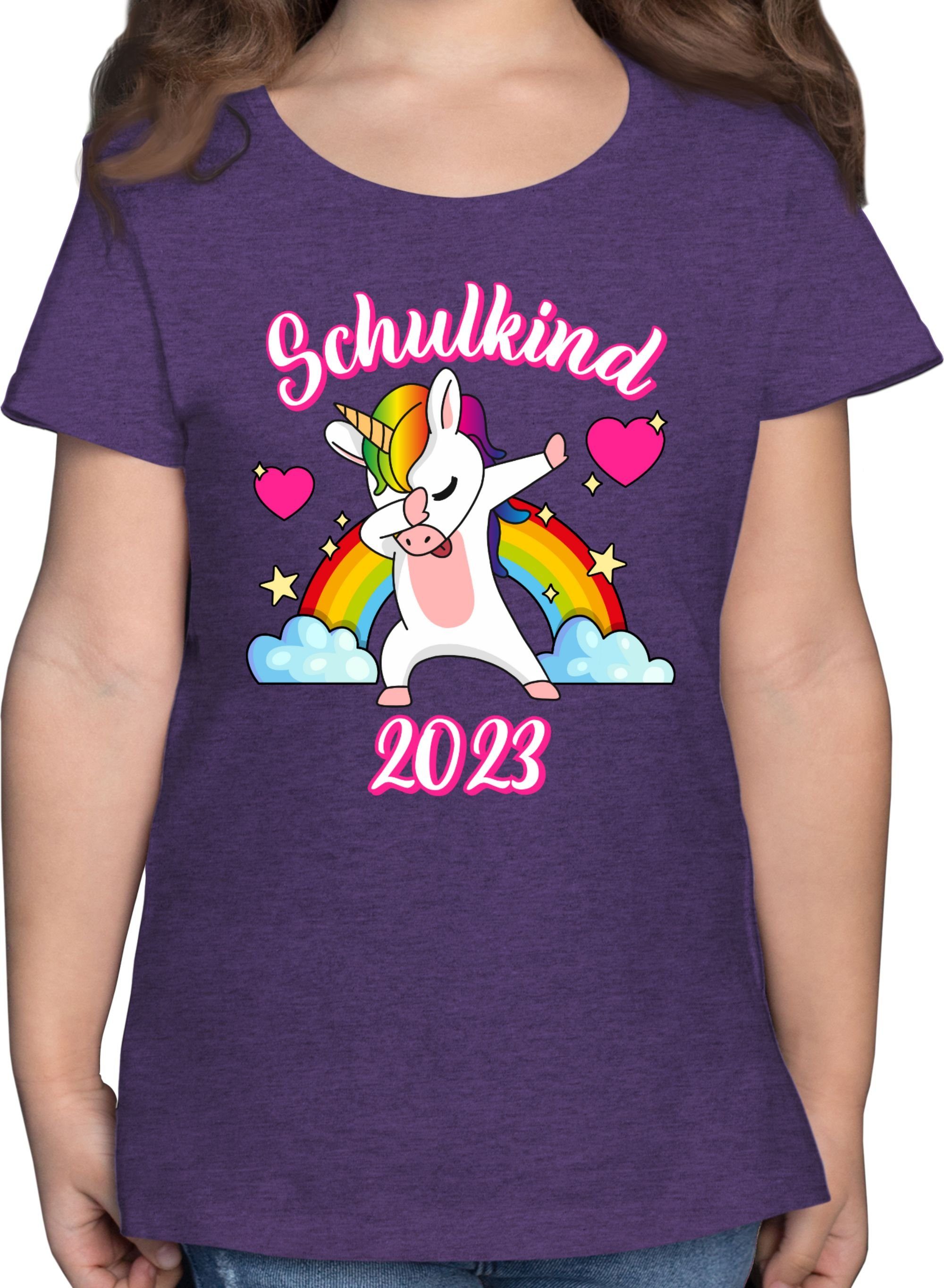 Shirtracer T-Shirt Schulkind 2023 dabbendes Einhorn Regenbogen Einschulung Mädchen 2 Lila Meliert