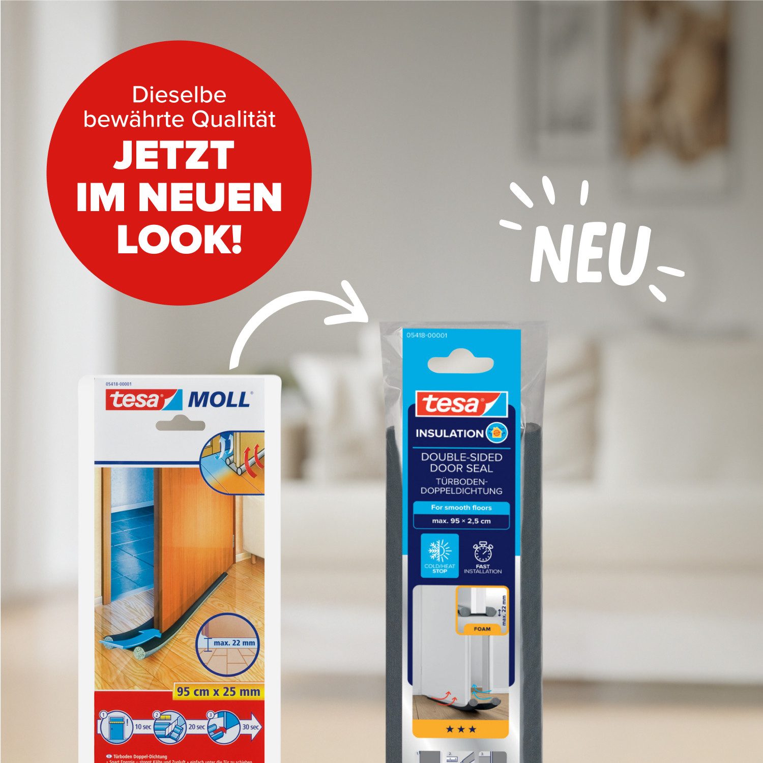 tesa Türbodendichtung INSULATION Zugluftstopper für glatte Böden, (Packung, 1-St., Zugluftstopper Anthrazit - 95 cm x 25 mm, kürzbar), Zuschneidbare Türdichtung zum Schutz vor Zugluft