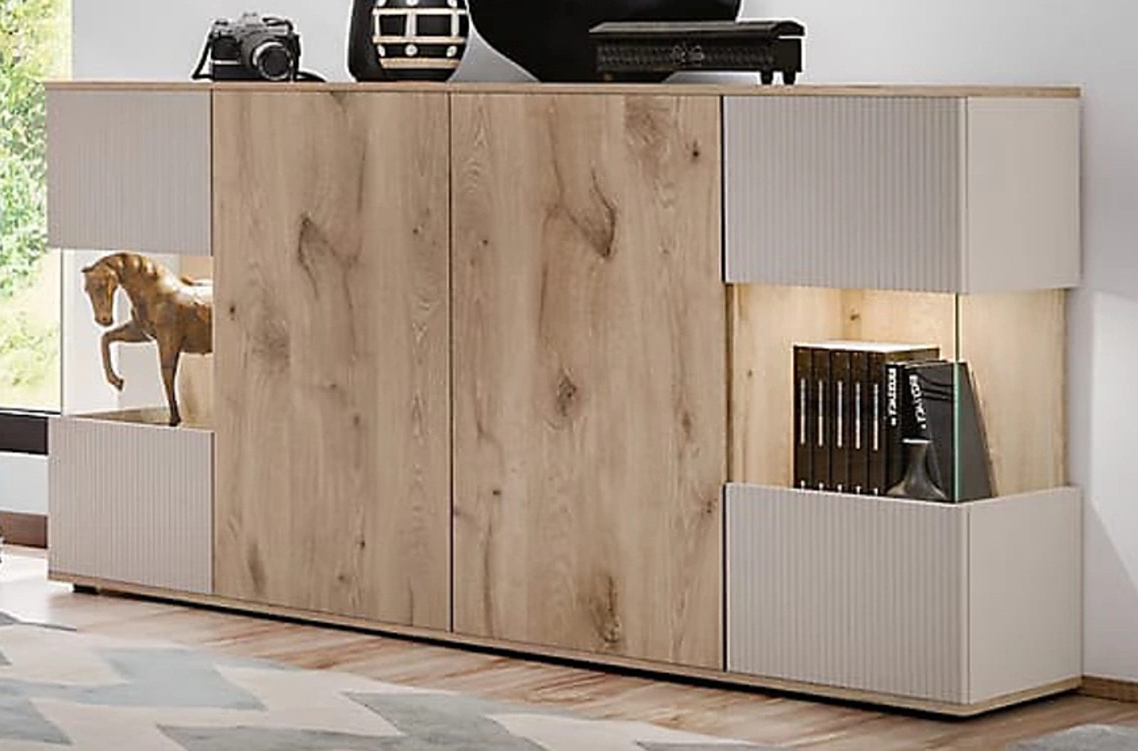 Inn.Furn Sideboard Cathlyn (Kommode in Eiche mit Kaschmir / Sand, 4-türig, 160 x 92 cm), Push-to-Open-Funktion, LED-Beleuchtung inklusive