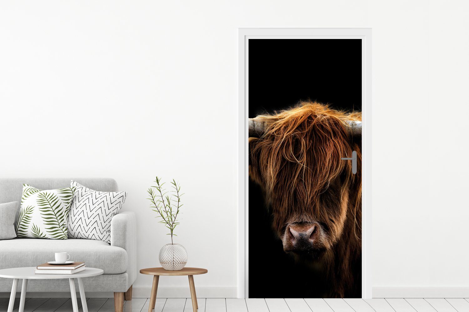 Highlander Fototapete Schwarz Hörner Wild - Natur 75x205 bedruckt, Türaufkleber, cm - für Tiere St), Türtapete -, Matt, Schottischer - - MuchoWow Tür, - (1