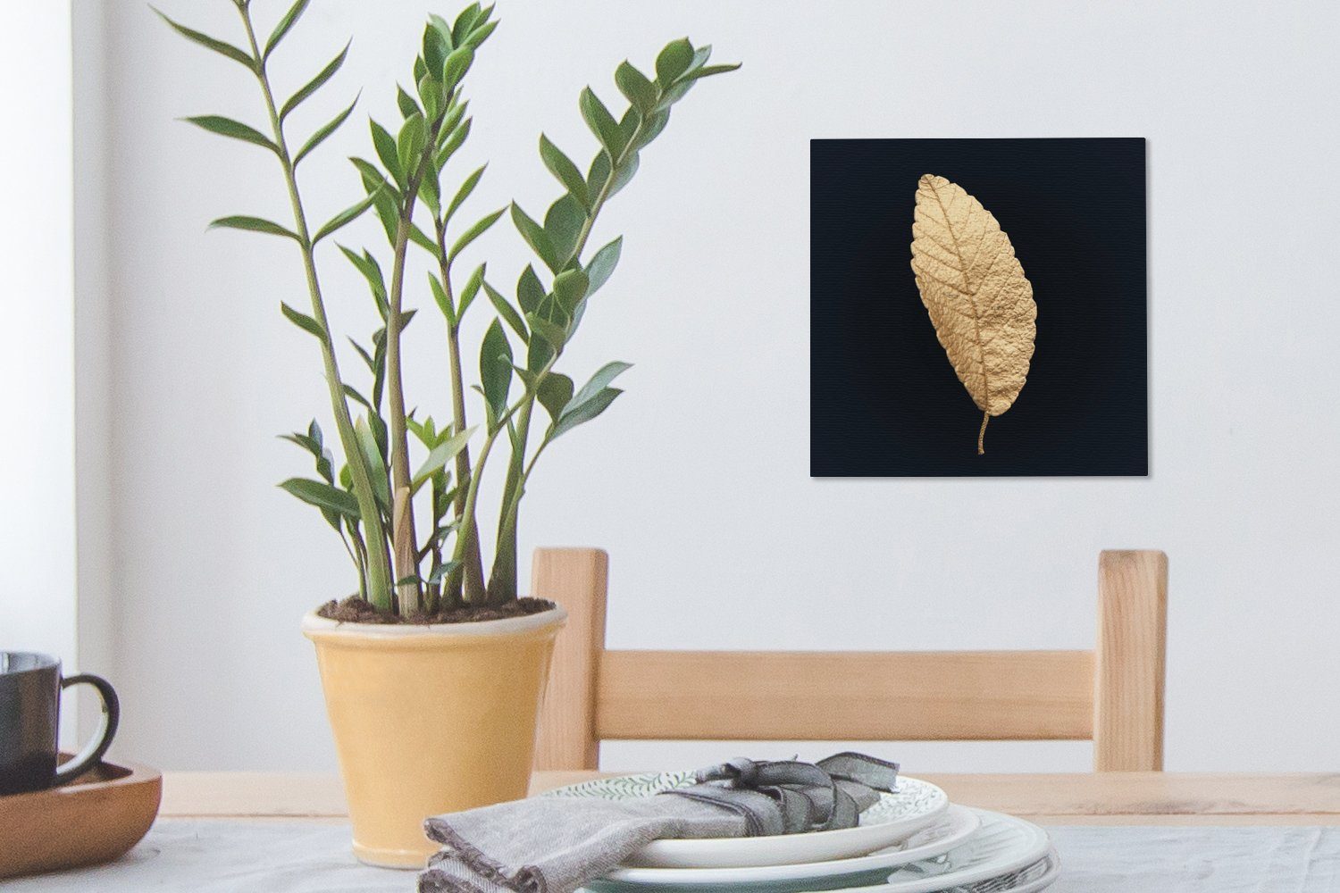 Wohnzimmer (1 Bilder Blätter und St), - Leinwandbild Schlafzimmer - für Leinwand OneMillionCanvasses® Pflanzen Gold Schwarz Luxus, - - Schwarz